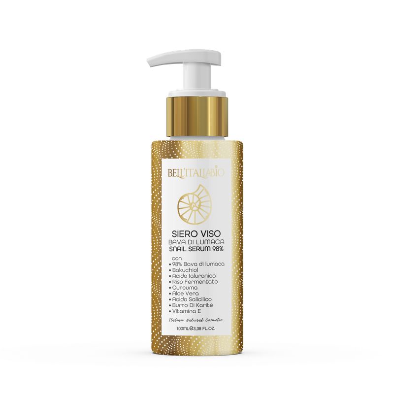 Beige fles met doseerpomp. Opschrift: Siero Viso Bava di Lumaca. Gouden details. Tekst: 98% Bava di lumaca.
