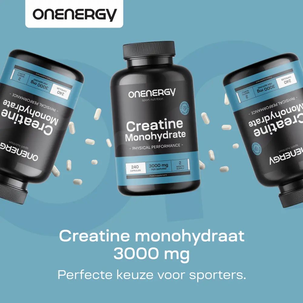 Drie flessen Creatine Monohydrate. Tekst: Creatine monohydraat 3000 mg. Perfecte keuze voor sporters.