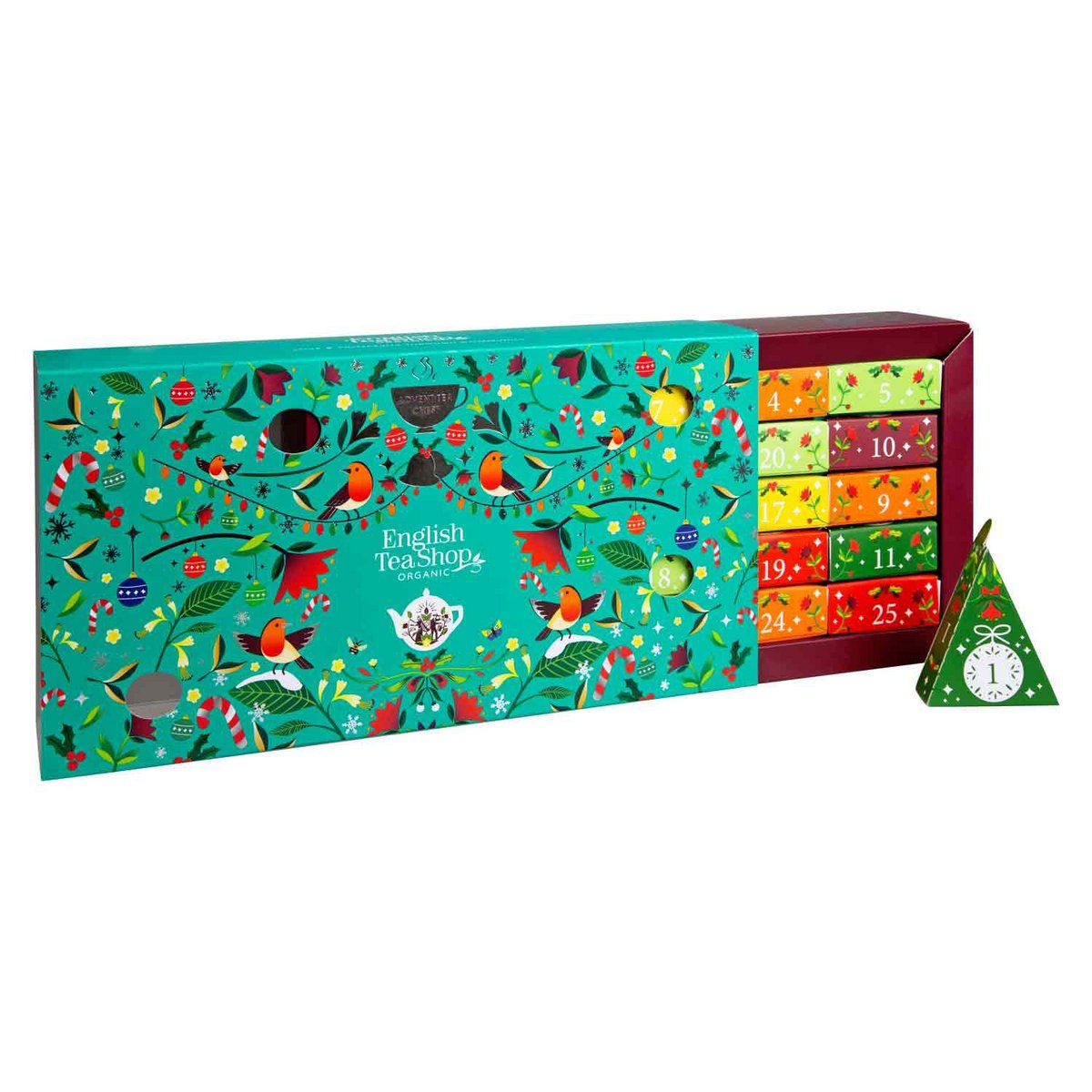 Adventskalender met geopende doos. Bevat 25 theezakjes in piramidevorm. Kerstontwerp met cijfers en motieven.