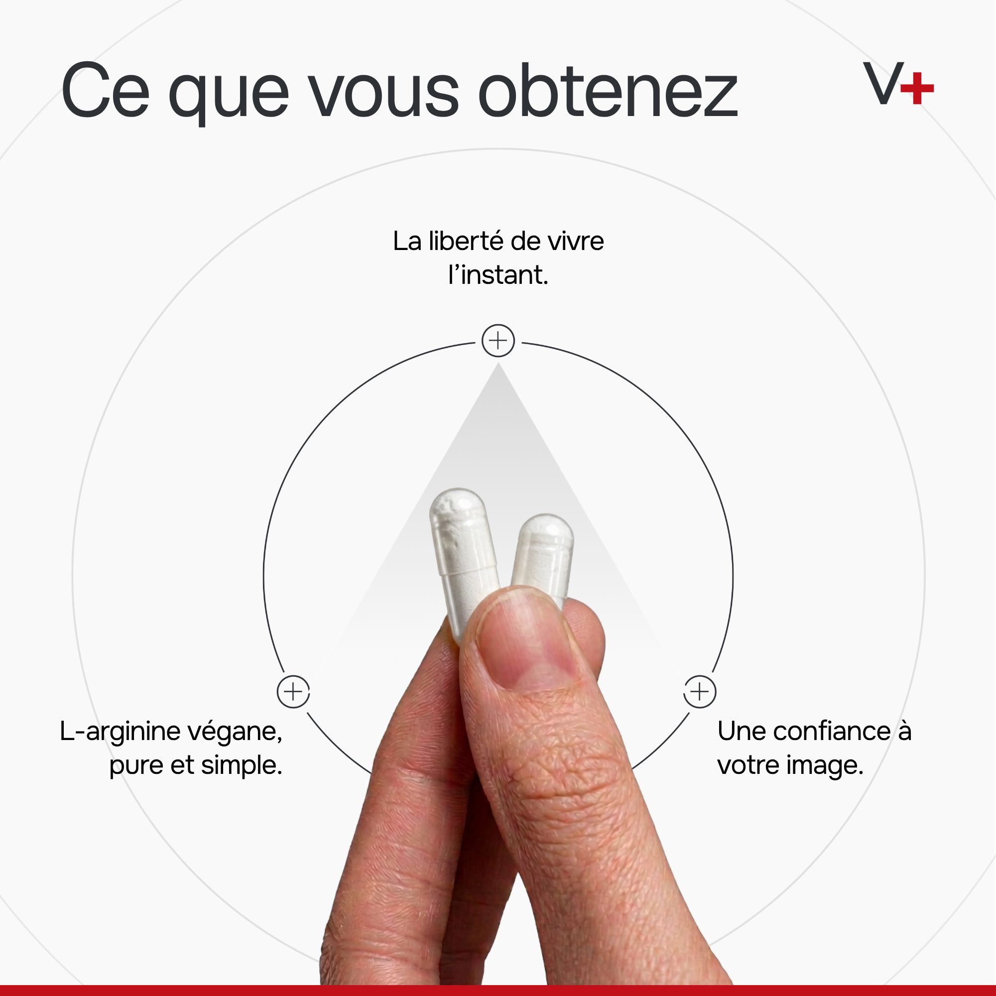 Deux gélules blanches tenues dans une main. Éléments graphiques et texte en arrière-plan.
