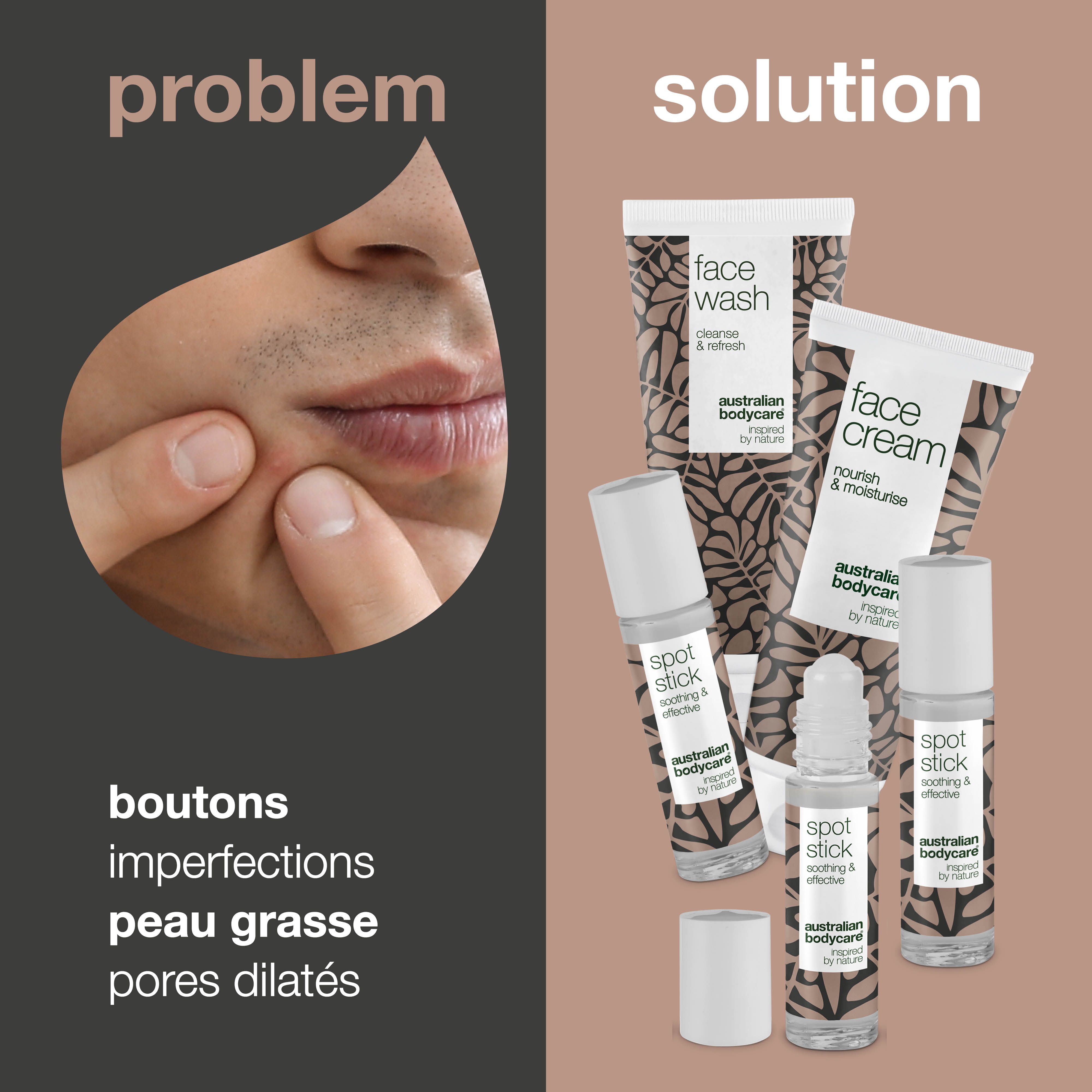 Image problème-solution. Visage avec imperfections, à côté des produits : Face Wash, Face Cream, Spot Stick.