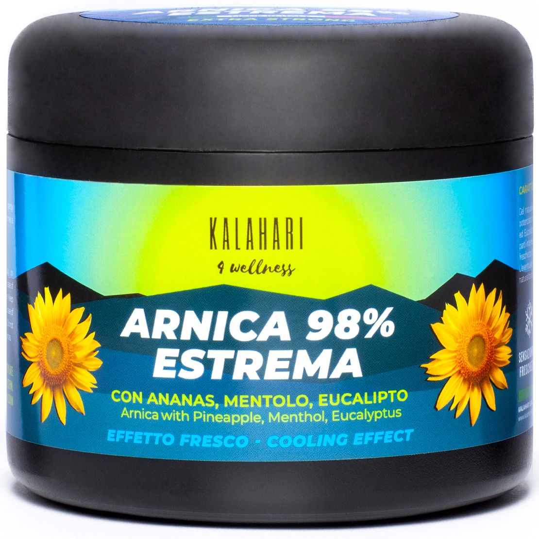 Pot noir avec étiquette : KALAHARI Arnica 98% ESTREMA, tournesols, montagnes, soleil.