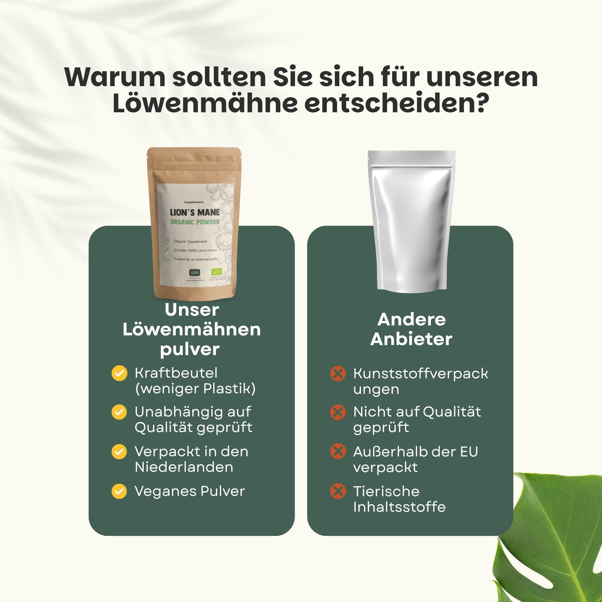 Comparaison de poudre de crinière de lion en sachet refermable avec des produits concurrents.