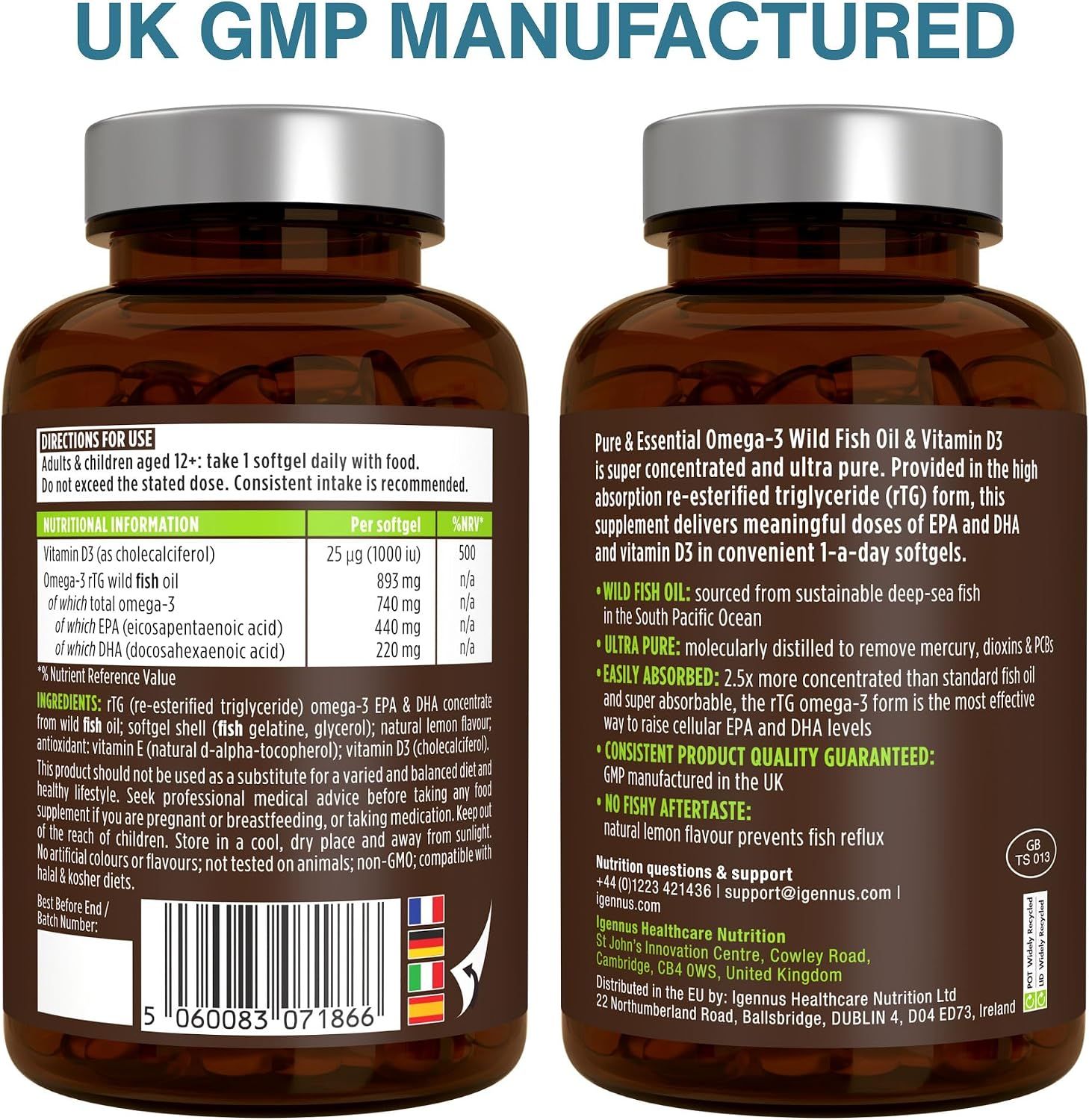 Fabriqué au Royaume-Uni selon les BPF. Oméga-3 + Vitamine D3. Informations sur les ingrédients et l'utilisation.