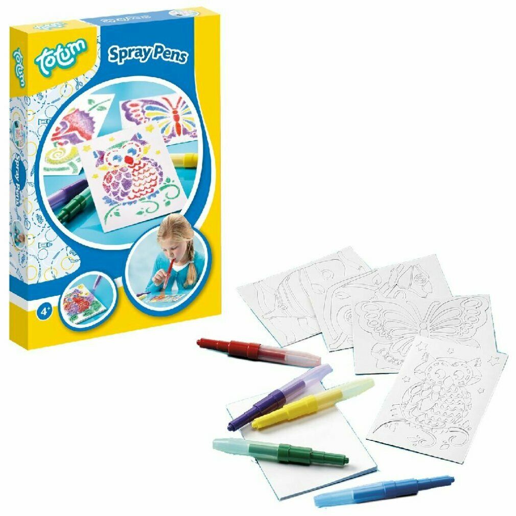Totum Spraypens set met verpakking, pennen en sjablonen. De sjablonen tonen een uil, een vlinder en andere motieven.