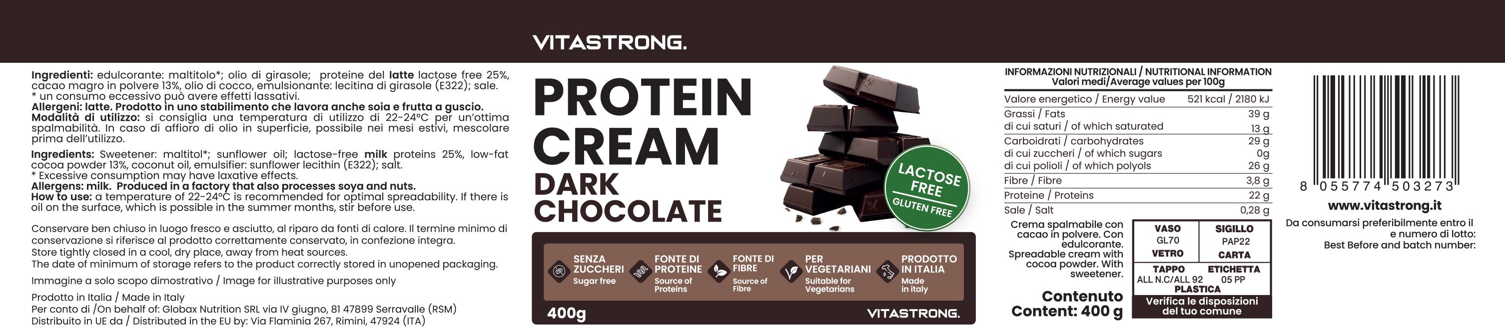 Etiket met productinformatie. Tekst: Protein Cream Dark Chocolate, zonder suiker, glutenvrij, lactosevrij. 400g. Vitastrong.