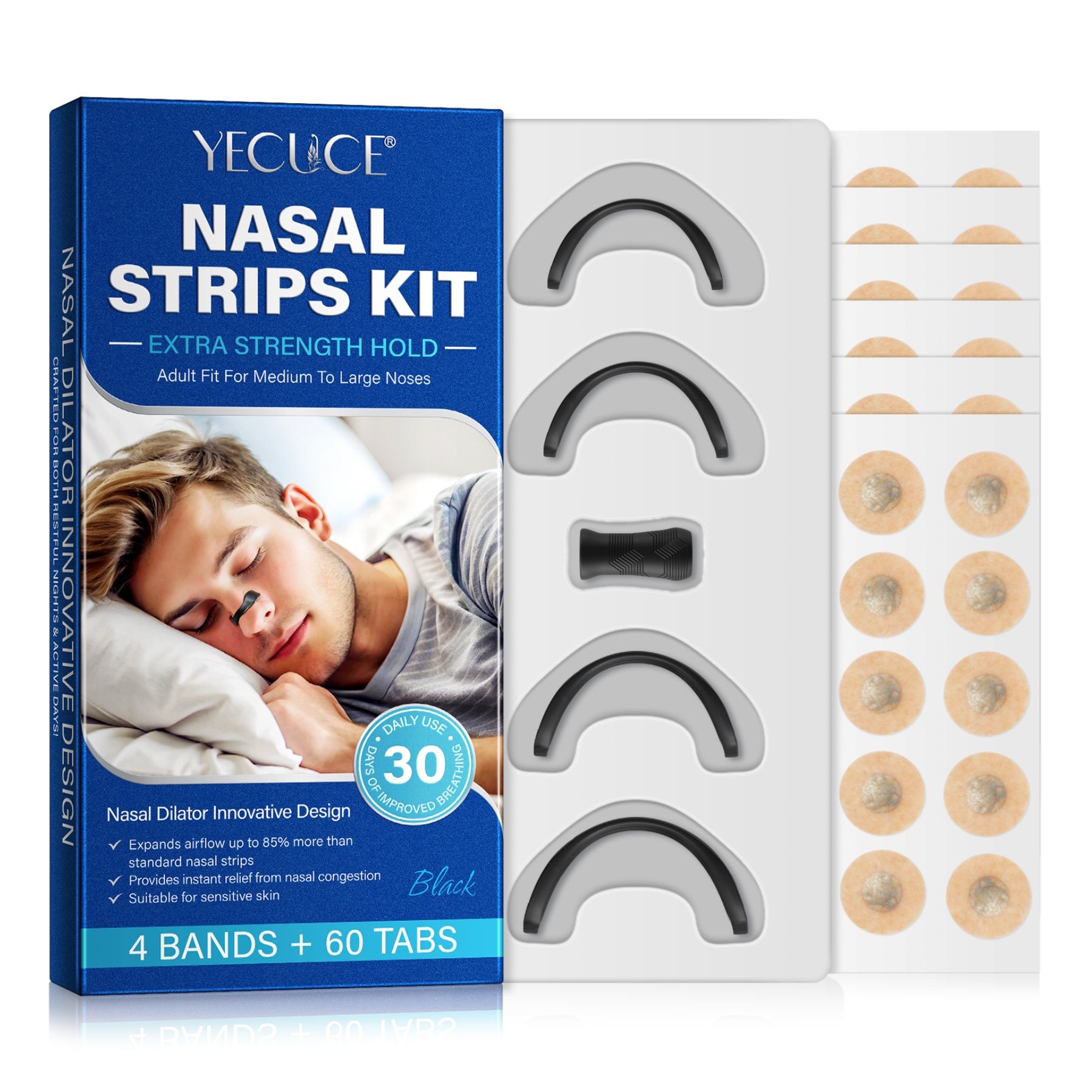 Verpakking met neusstrips en pleisters. Bevat 4 neusstrips en 60 pleisters. Opschrift: Nasal Dilator Innovative Design.