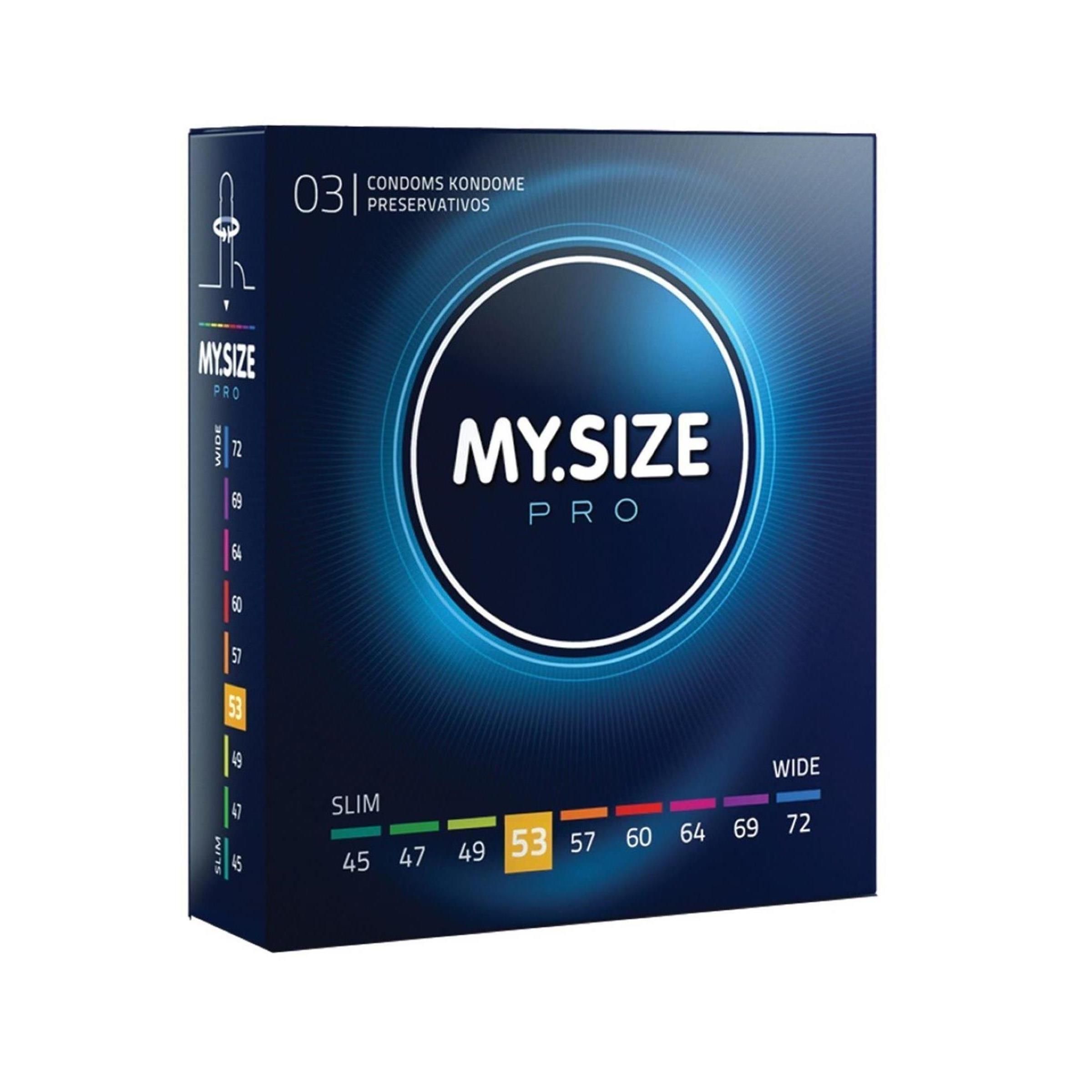 Verpakking van MY.SIZE PRO condooms, maat 53mm. Zwarte doos met blauwe cirkel en maten.