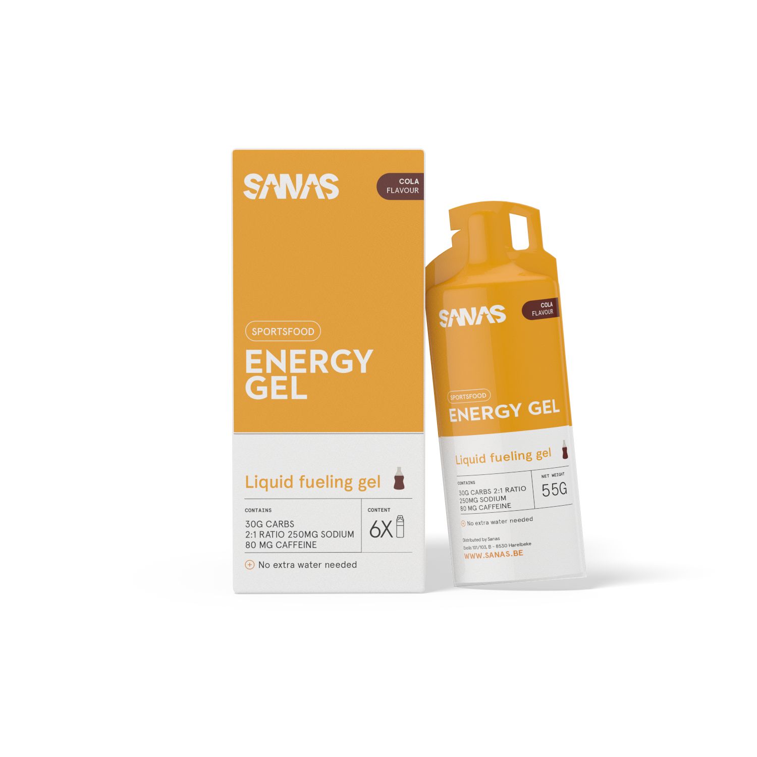 Sanas Energy Gel Cola Flavour : Bouteille et boîte. Gel de carburant liquide avec 55g net. Contient 30G glucides, ratio 2:1, 250mg sodium, 80mg caféine.