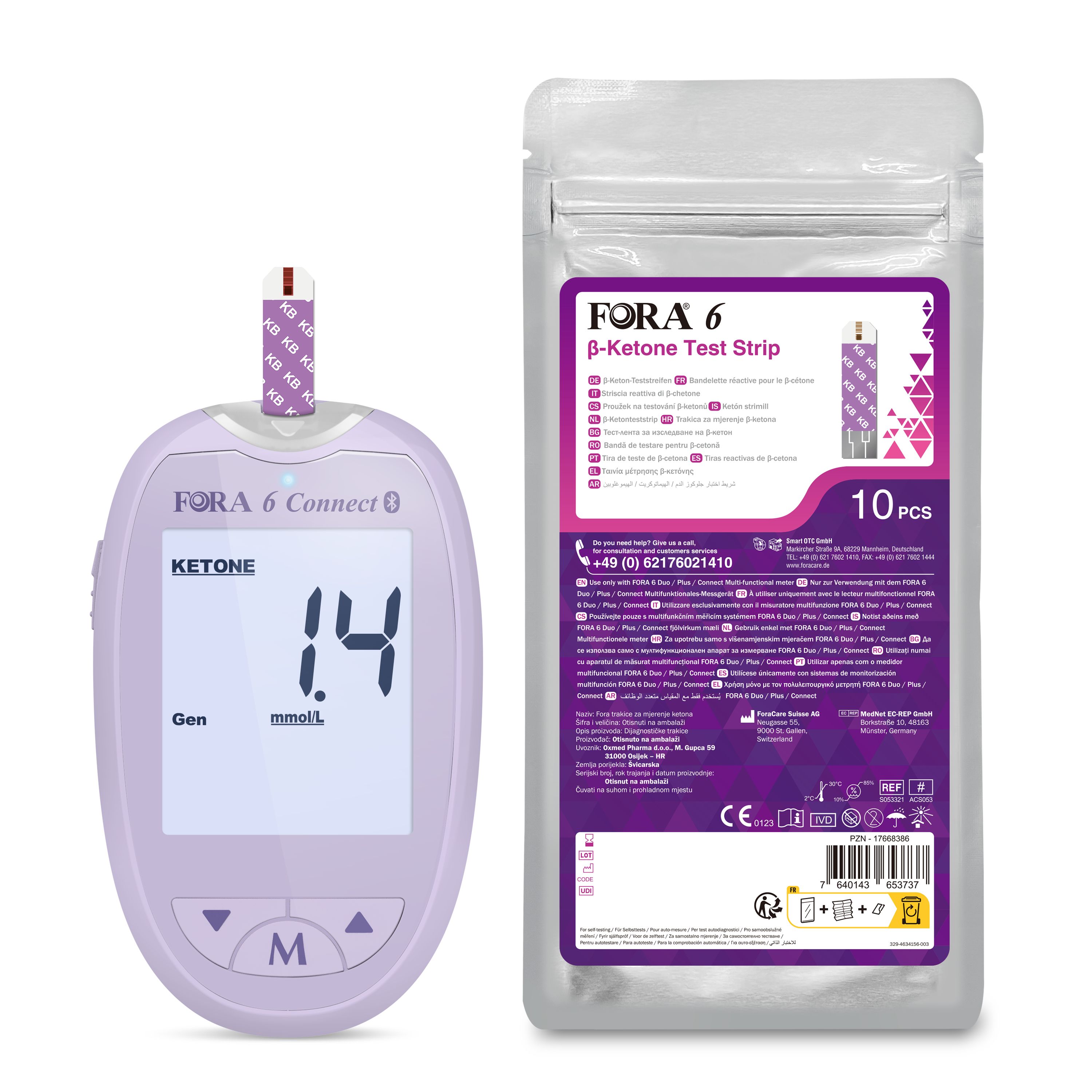 Appareil de mesure et bandelettes. L'appareil affiche 1,4 mmol/L. Emballage de 10 bandelettes.