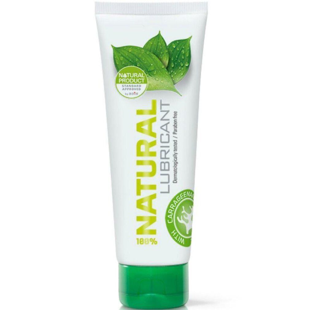Tube blanc à bouchon vert, inscription "Natural Lubricant". Avec feuilles et gouttes d'eau.