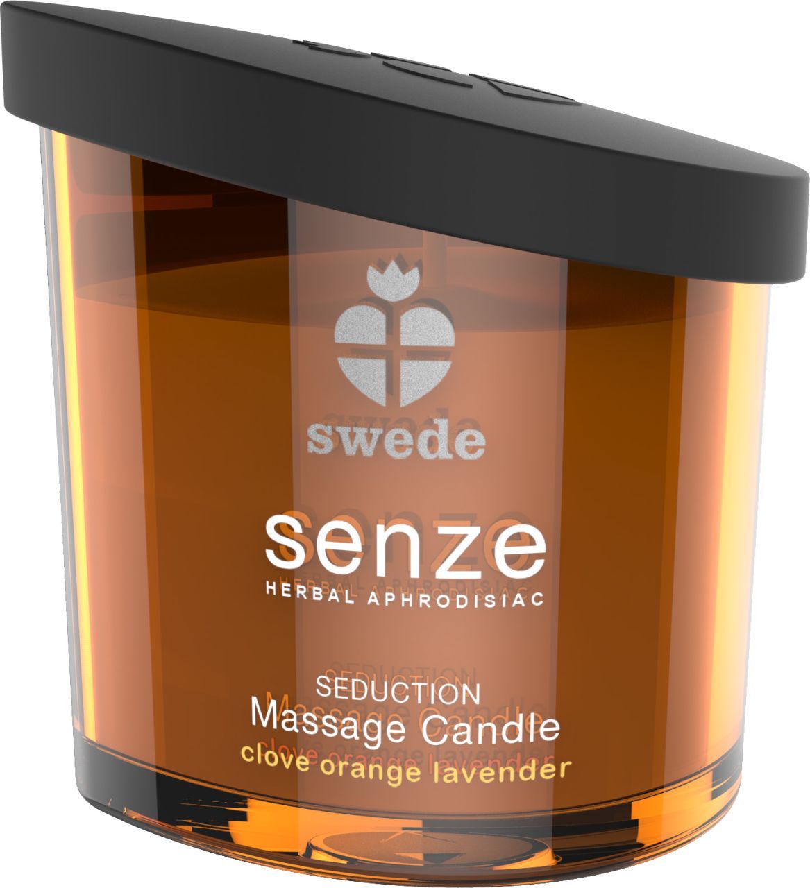 Massagekaars met kruidnagel, sinaasappel, lavendel in glazen houder met zwart deksel.