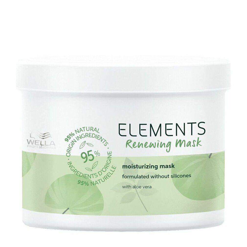 Witte pot met groene opdruk. Opschrift: ELEMENTS Renewing Mask, 95% natuurlijke ingrediënten, zonder siliconen.