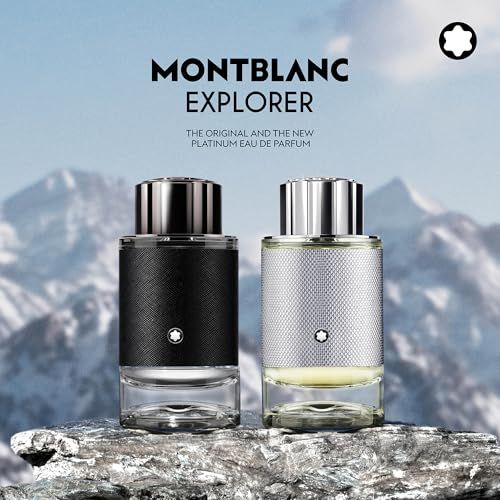 Twee Montblanc Explorer flacons op steen. Links: zwart, rechts: zilver. Opschrift: MONTBLANC EXPLORER.