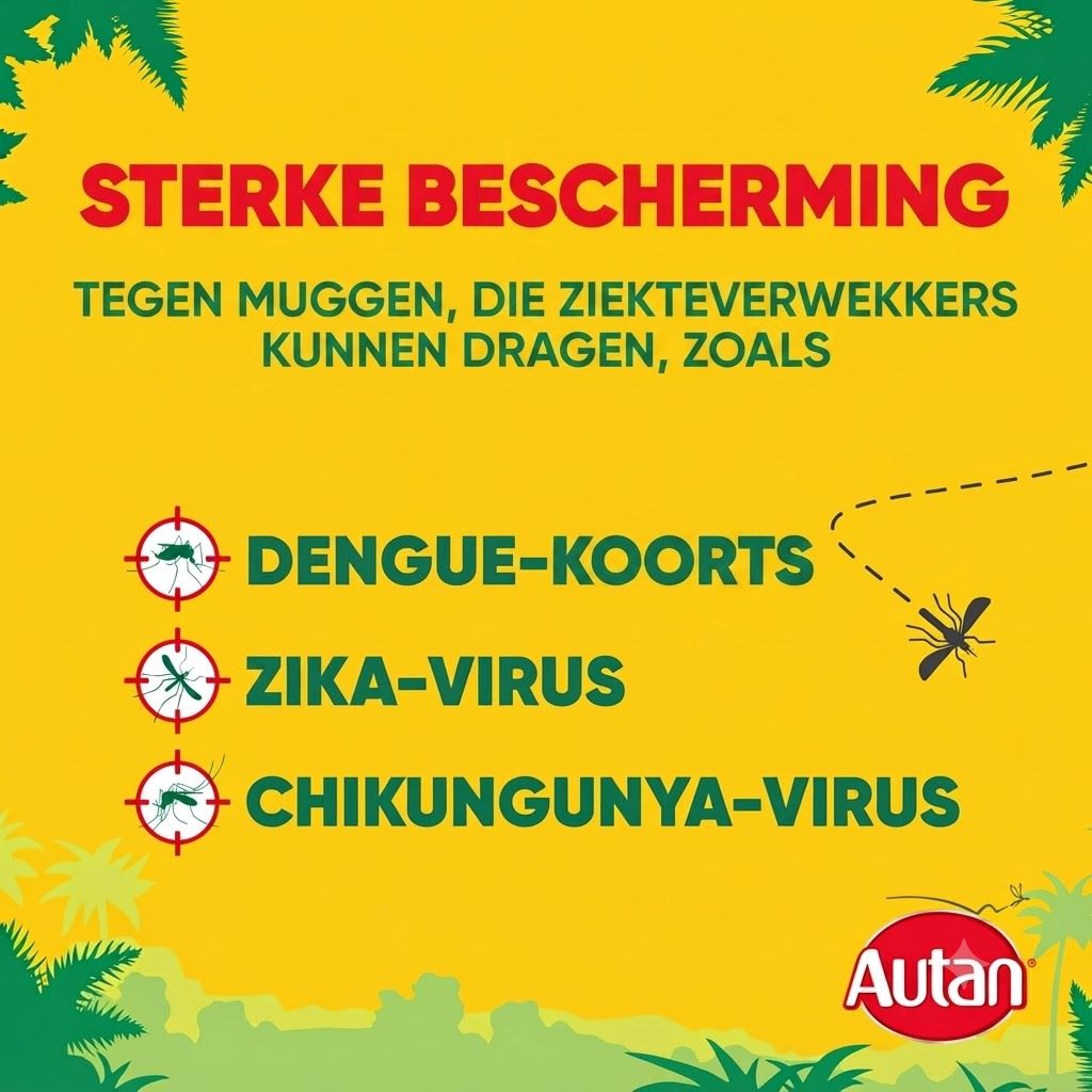 Sterke bescherming tegen muggen die ziekteverwekkers zoals dengue, zikavirus en chikungunyavirus kunnen dragen. Autan logo.