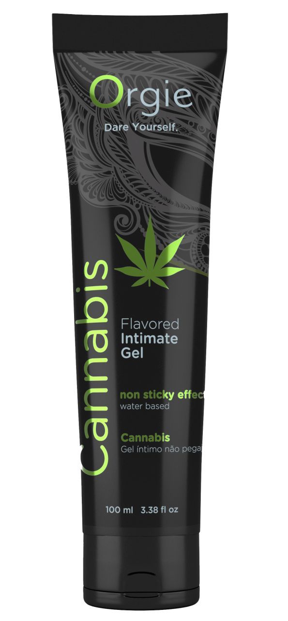 Tube noire avec logo feuille de cannabis verte. Texte: Orgie, Cannabis, Flavored Intimate Gel, non sticky effect.