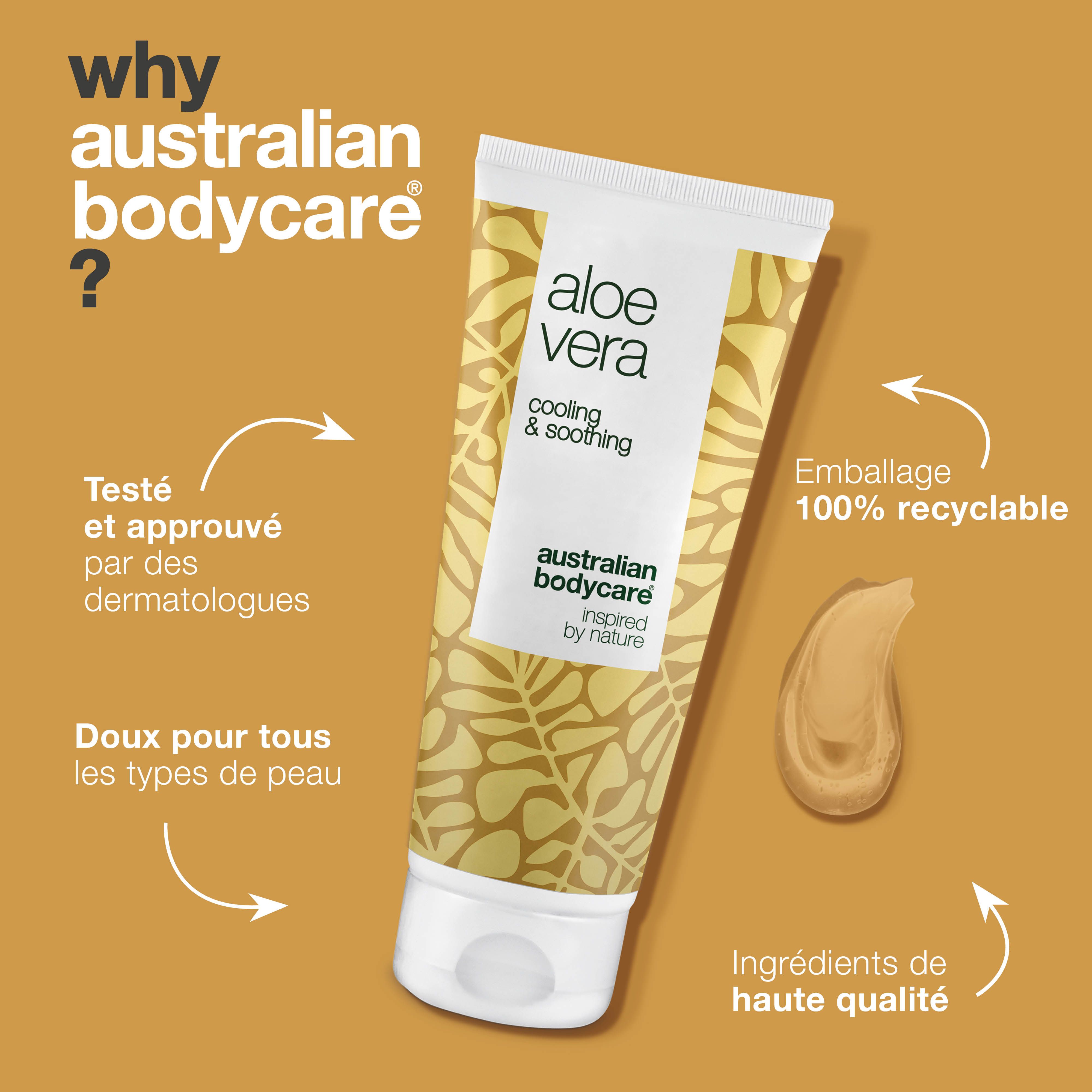 Gel d'aloe vera, texte : cooling & soothing, Australian Bodycare. Avantages : testé dermatologiquement, doux.