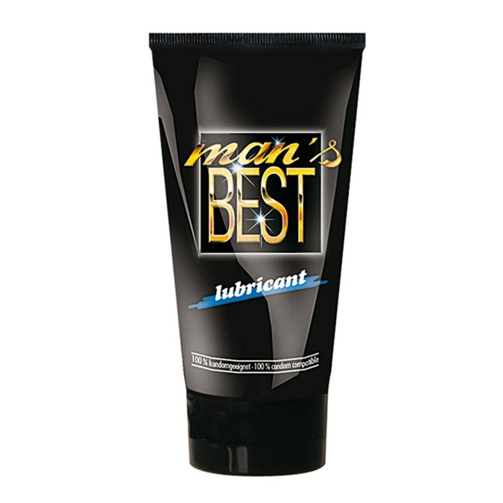Tube noire avec logo doré "man's BEST" et texte bleu "lubricant". Texte: 100% compatible avec les préservatifs.