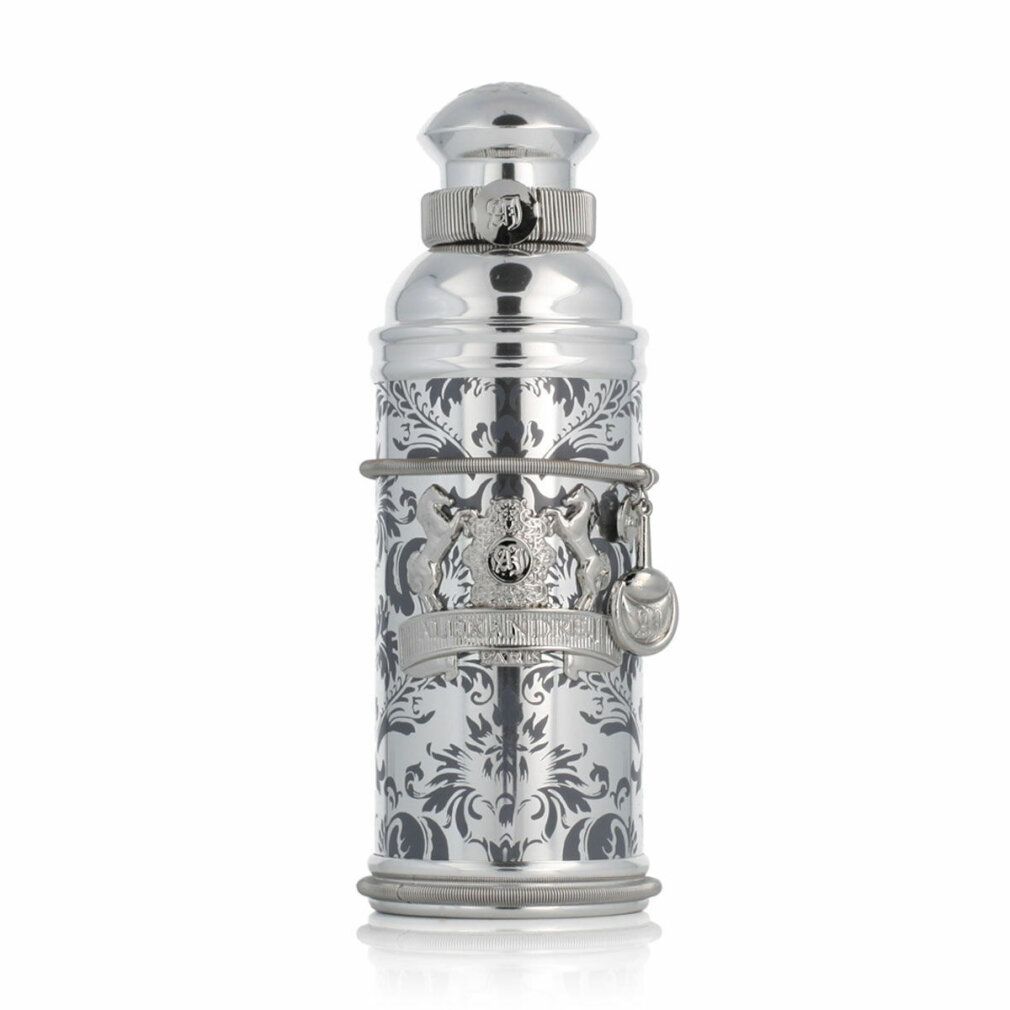 Flacon argenté avec motif floral. Flacon avec bouchon et ornements argentés. Design à motifs floraux.