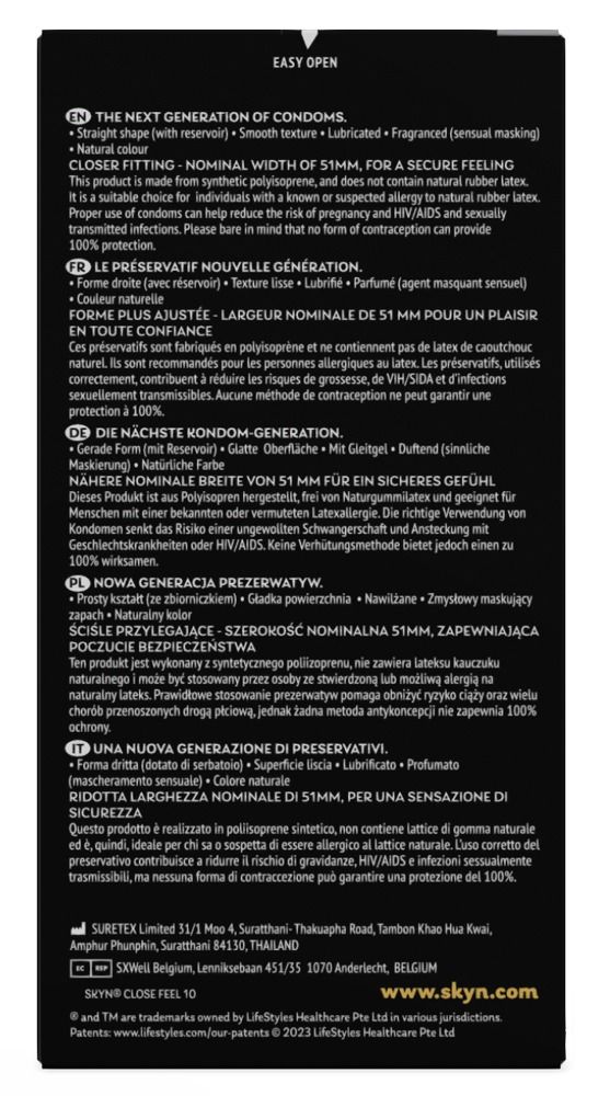 Zwarte doos met tekst. Informatie over condooms. Tekst: Nieuwe generatie, nominale breedte 51mm, natuurlijk gevoel.
