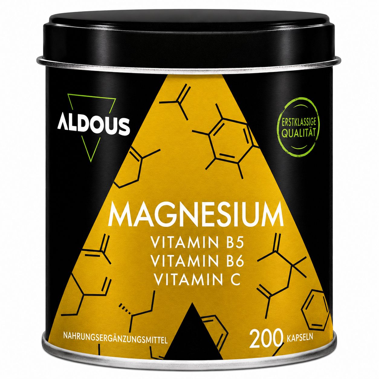 Boîte de capsules de citrate de magnésium Aldous avec formules chimiques et labels de qualité.