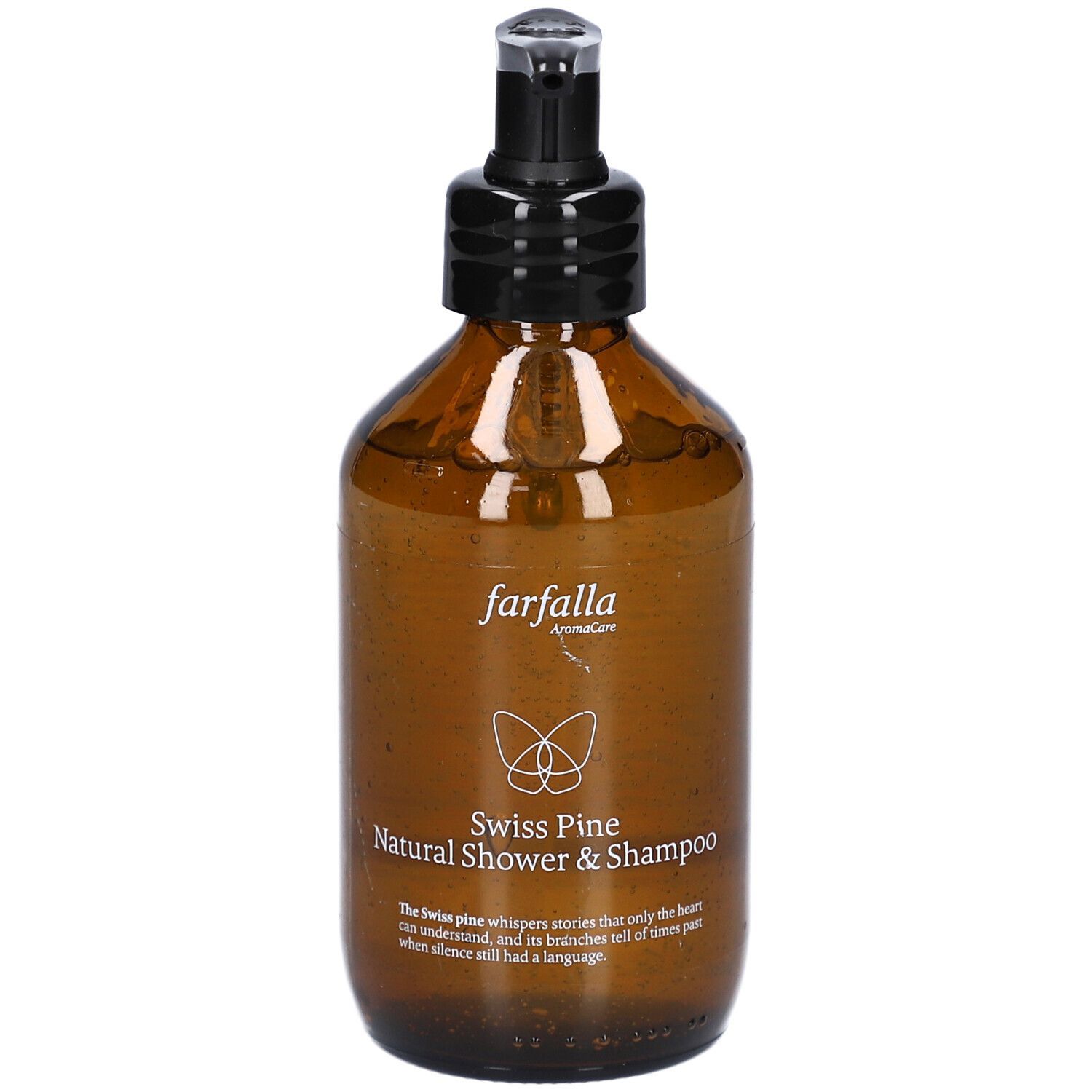 Flacon brun avec pompe noire. Inscription: Farfalla, Swiss Pine Natural Shower & Shampoo.