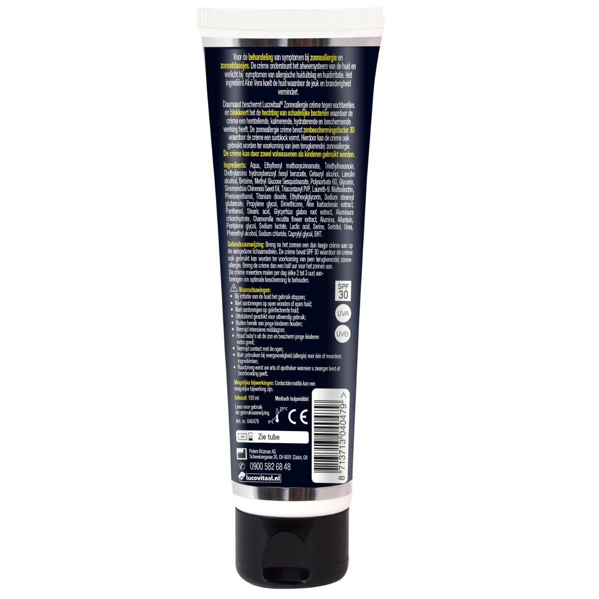 Dos d'un tube de crème solaire. Texte en néerlandais. Contient ingrédients et instructions.