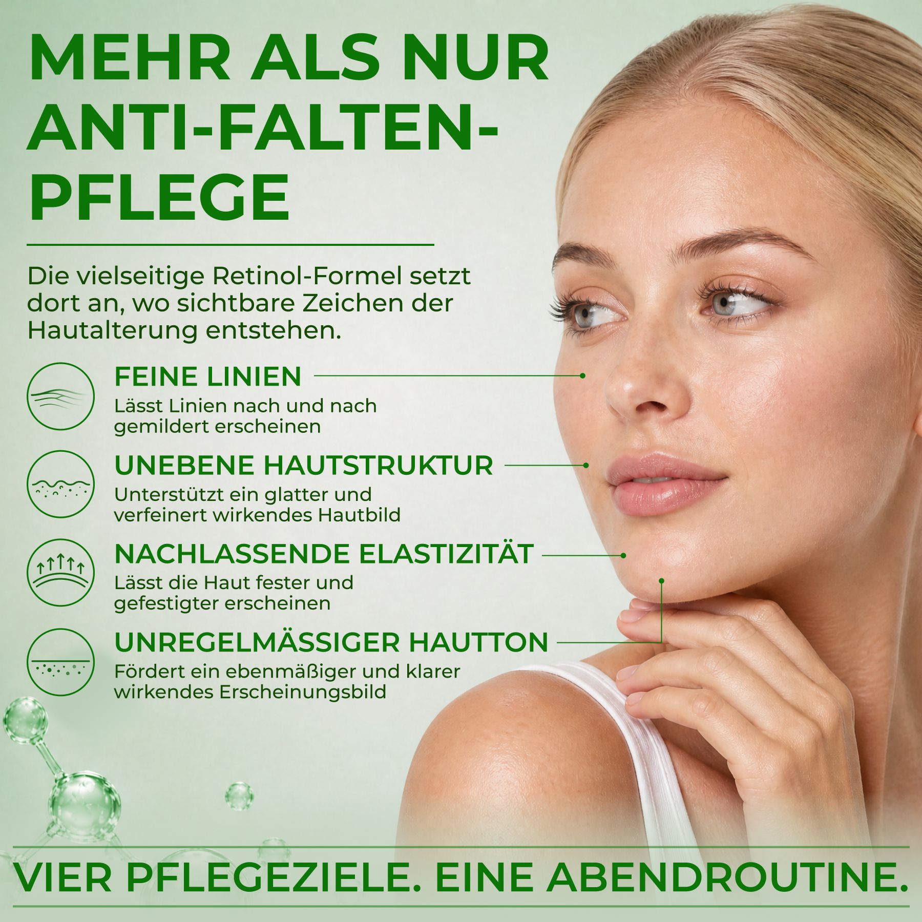 Gezicht van een vrouw met tekst over anti-rimpelverzorging en vier verzorgingsdoelen.