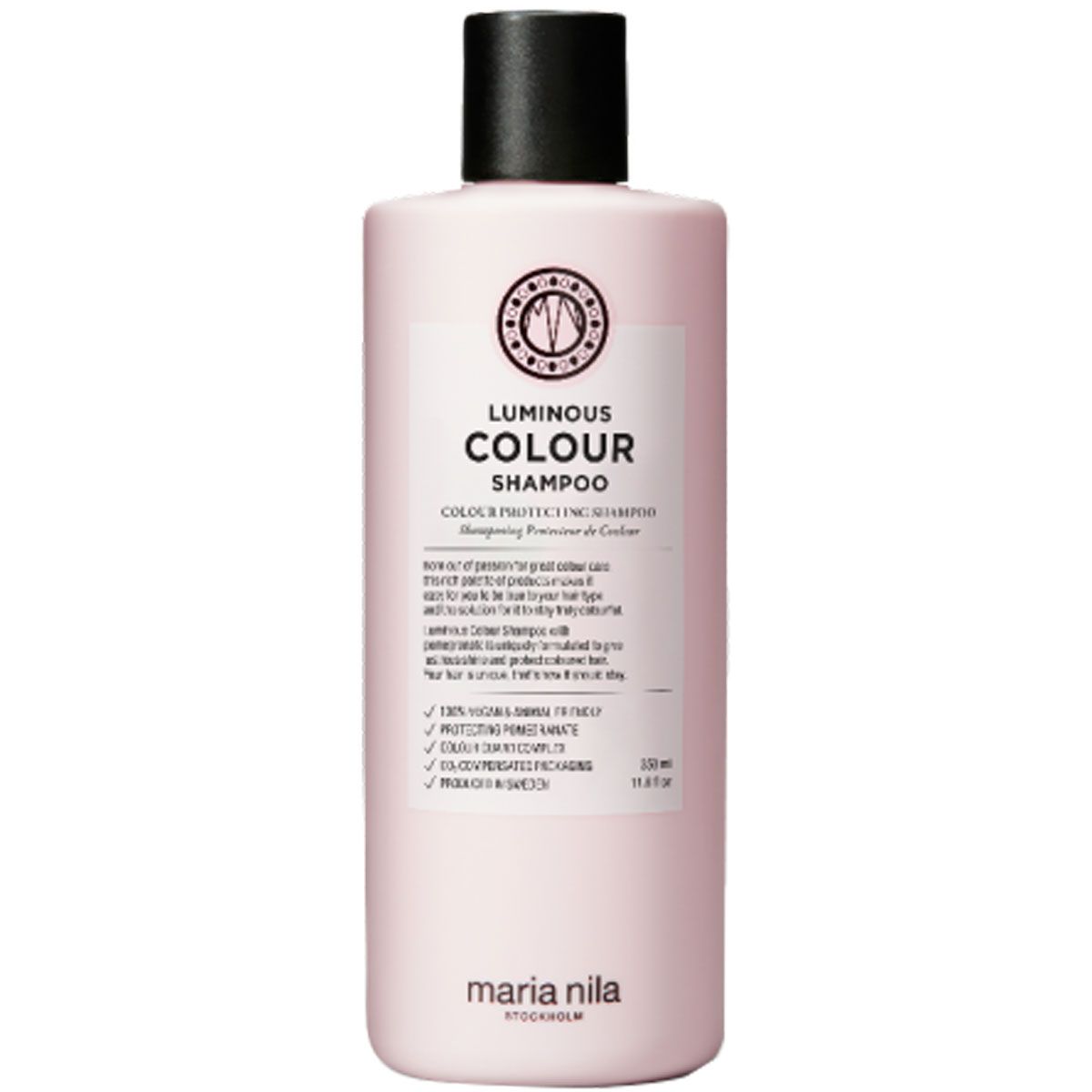 Maria Nila Luminous Colour Shampoo, 350ml fles met zwarte klapdop.