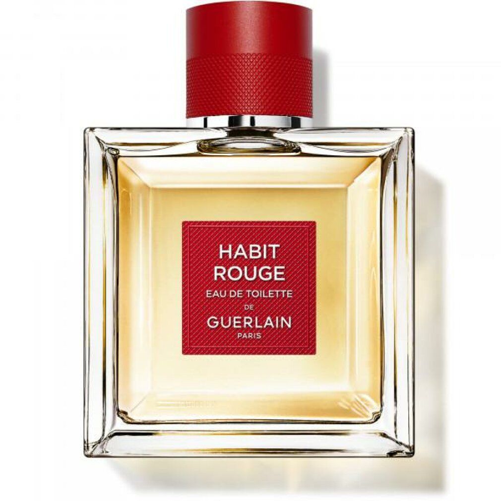 Flacon Guerlain Habit Rouge Eau de Toilette et emballage. Flacon carré, étiquette rouge. Emballage rouge, texte.