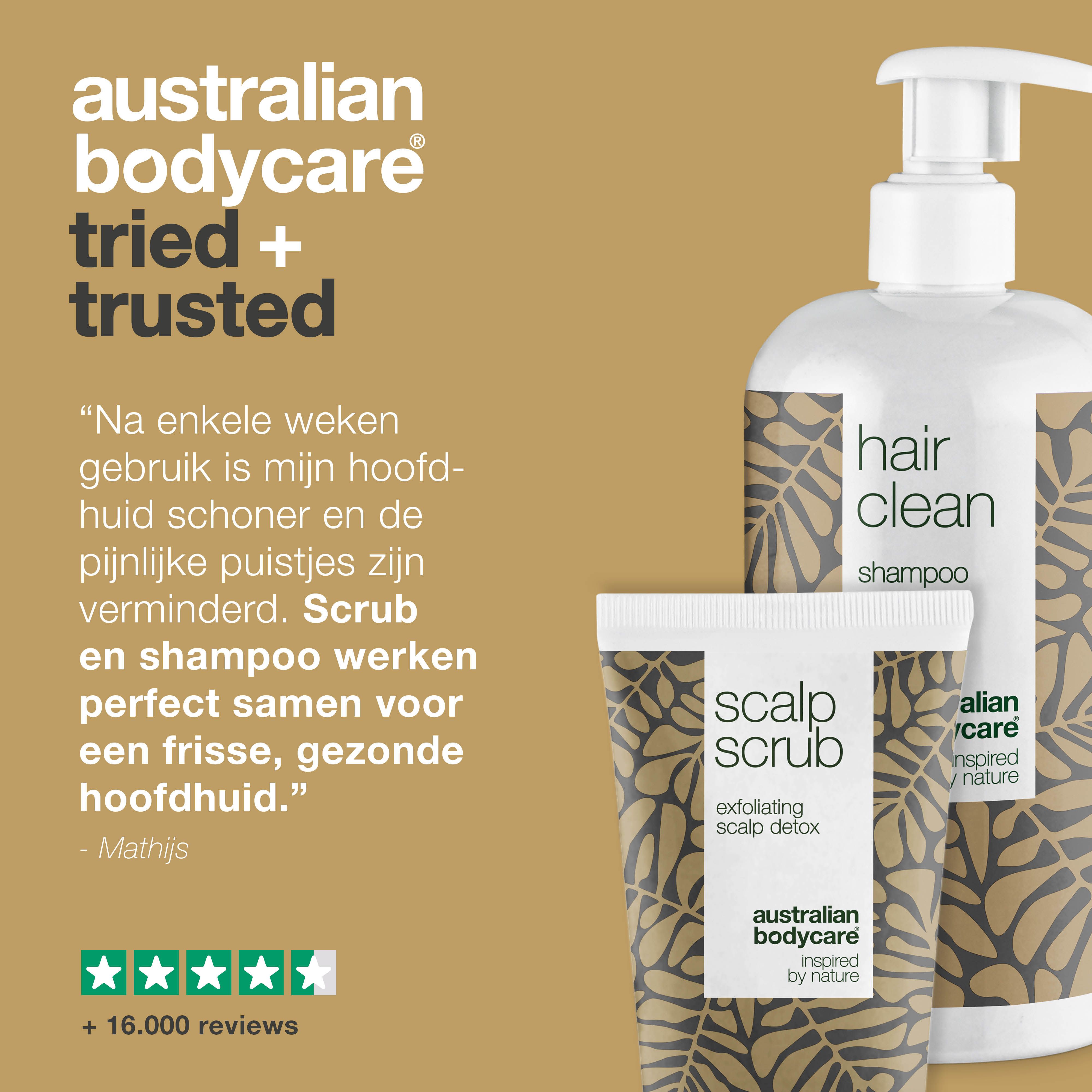 Shampoo en scrub. Citaat en 5-sterrenbeoordeling. Merk: Australian Bodycare.