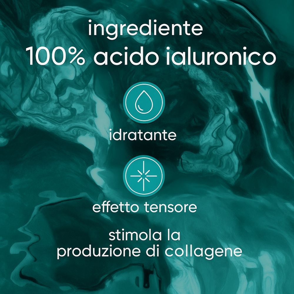 Graphique avec texte : 100% acide hyaluronique, hydratant, effet tenseur, stimule la production de collagène.