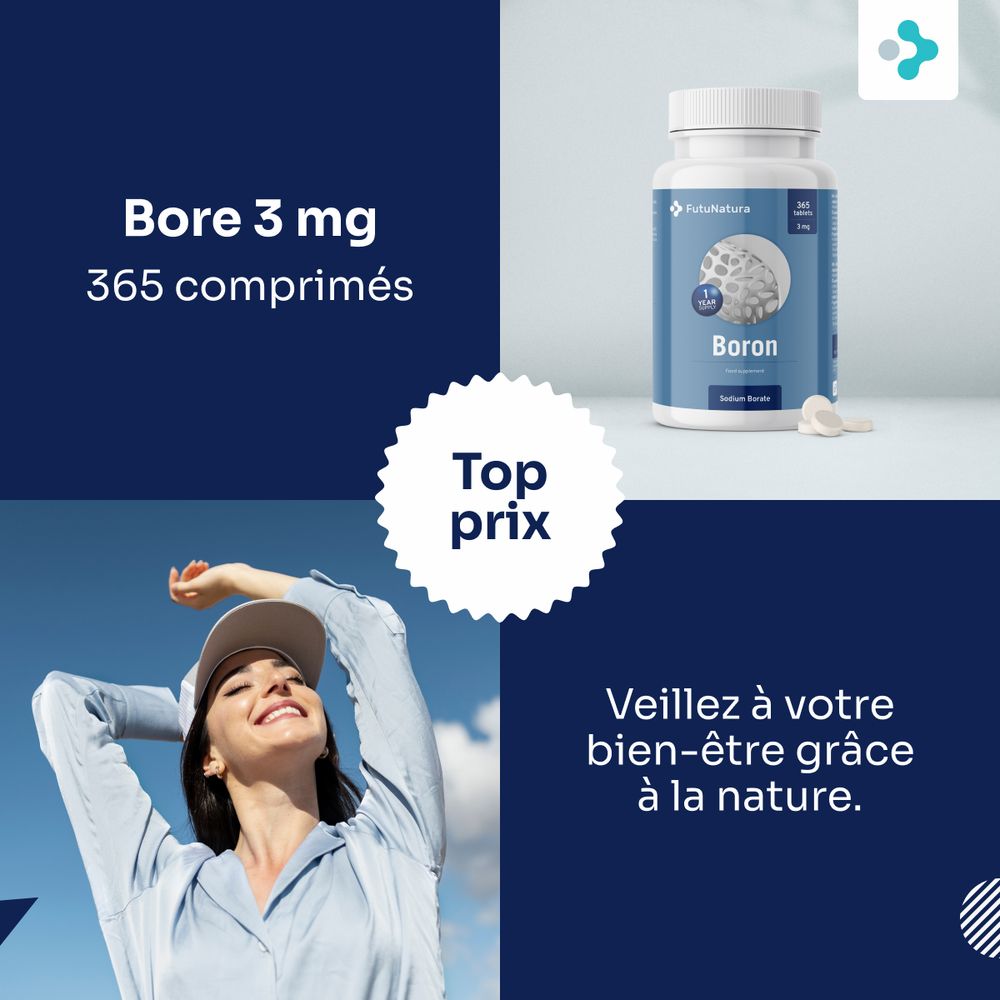 Flacon Boron 3 mg et comprimés. Texte: Veillez à votre bien-être grâce à la nature. Marque: FutuNatura.
