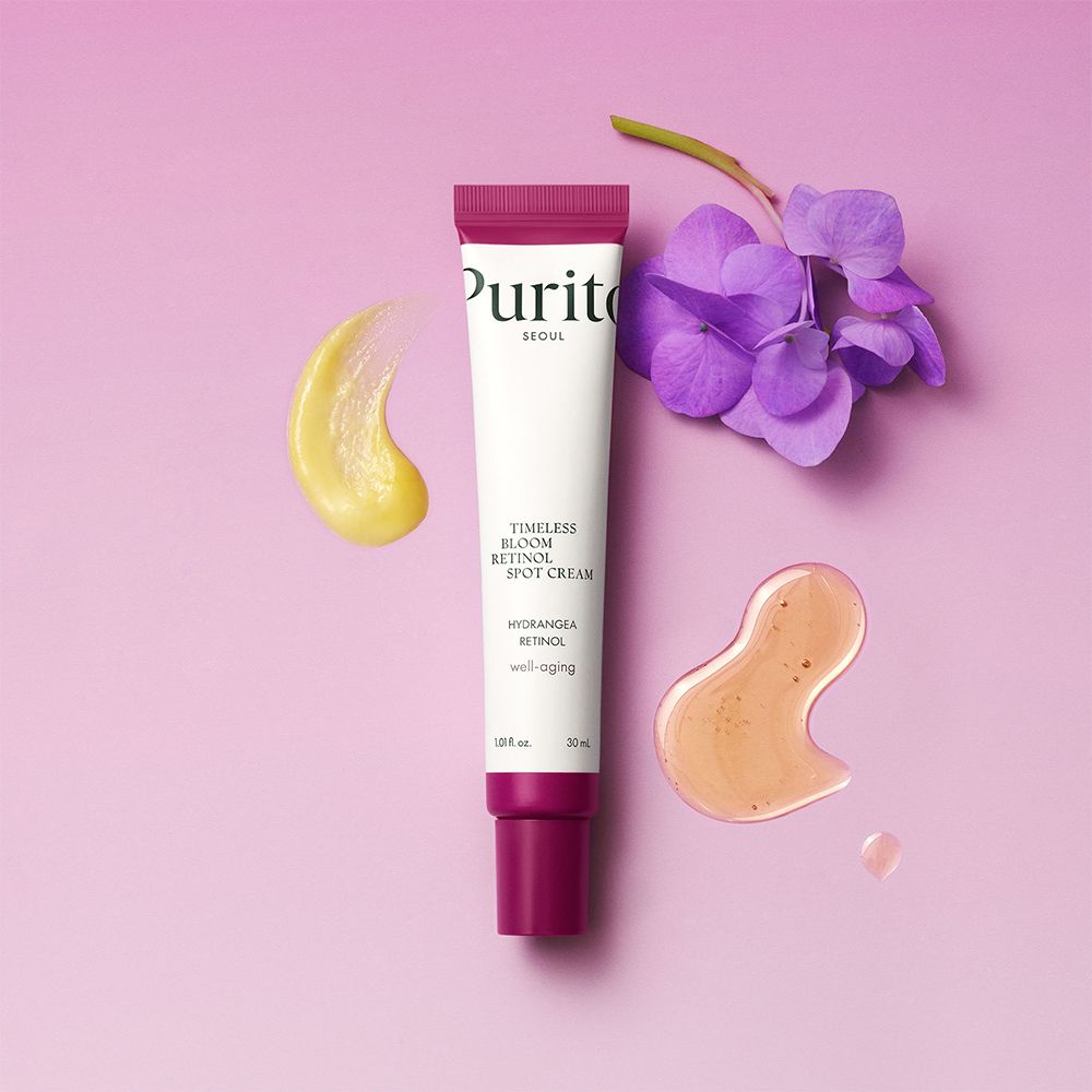 Tube de Purito Retinol Spot Cream avec échantillons de crème.