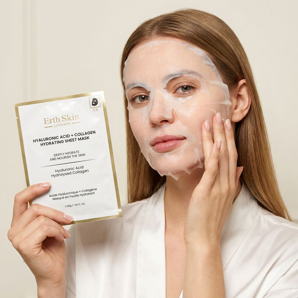 Vrouw met aangebrachte sheet mask houdt ErthSkin London Hyaluronzuur & Collageen verpakking vast.