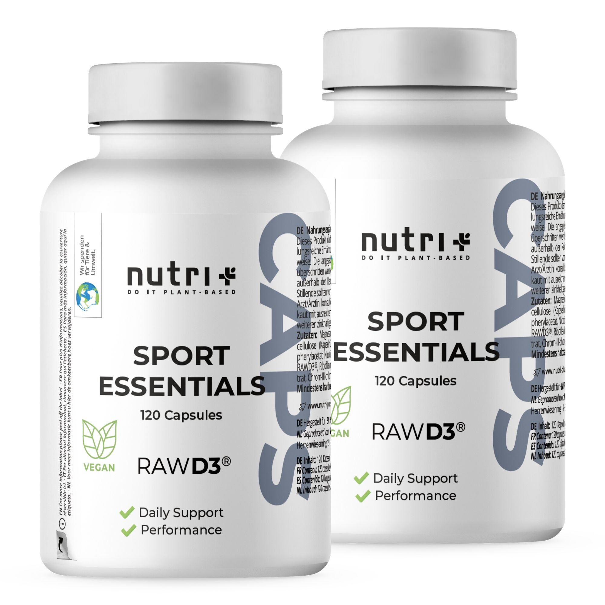 Deux bouteilles de capsules nutri+ Sport Essentials, 120 capsules par bouteille, vegan.