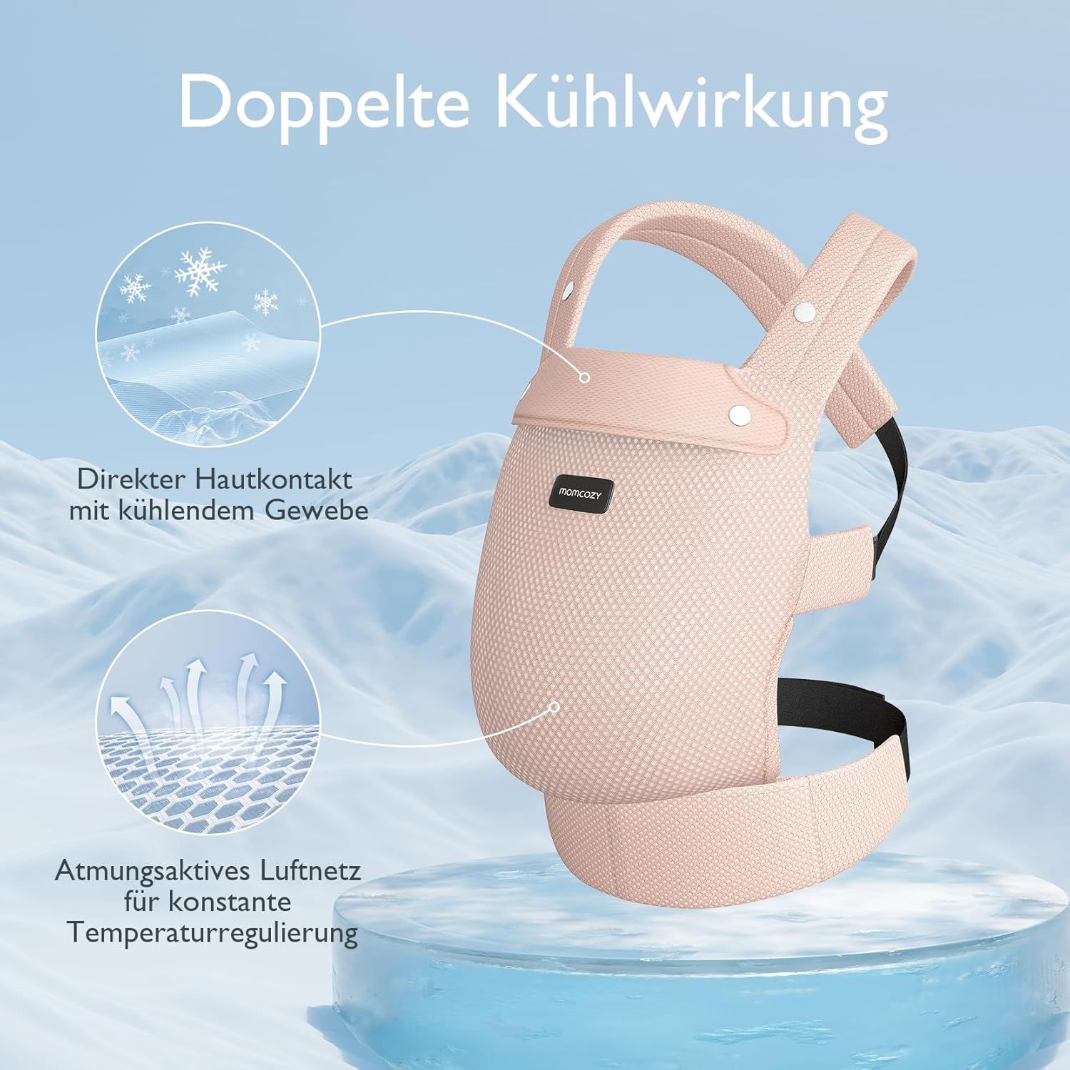 Roze babydrager met dubbel verkoelend effect: koele stof en luchtdoorlatend net.