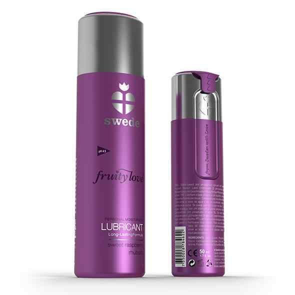 Deux bouteilles violettes avec bouchons argentés, lubrifiant 'swede fruity love'.