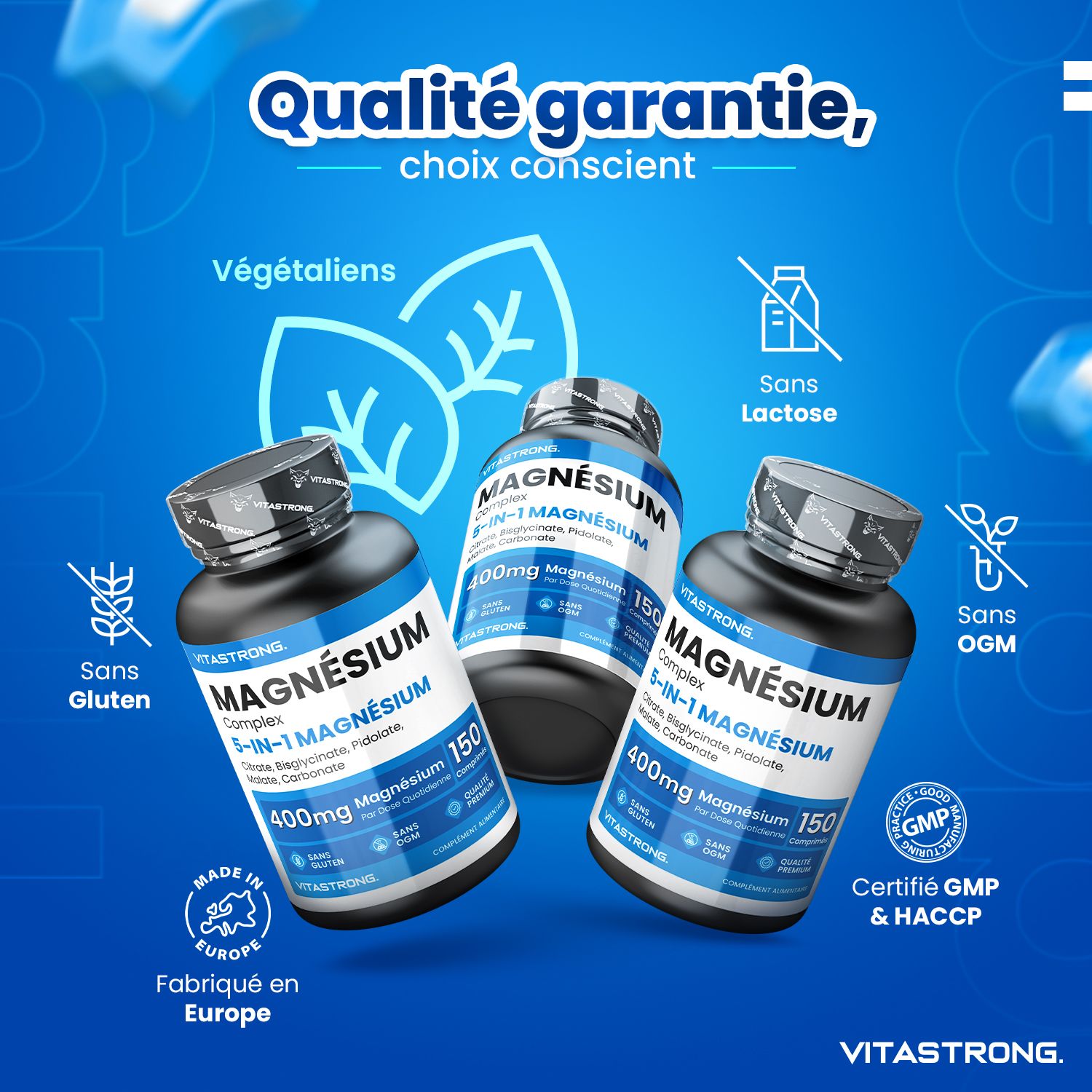 Drie flessen Magnesium 5-in-1. 150 tabletten, 400mg magnesium. Veganistisch, lactosevrij, non-GMO. GMP & HACCP gecertificeerd.