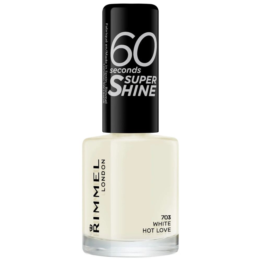 Witte nagellakfles. Zwarte dop met tekst "60 seconds SUPER SHINE". Merk: Rimmel London. Kleurcode: 703 White Hot Love.