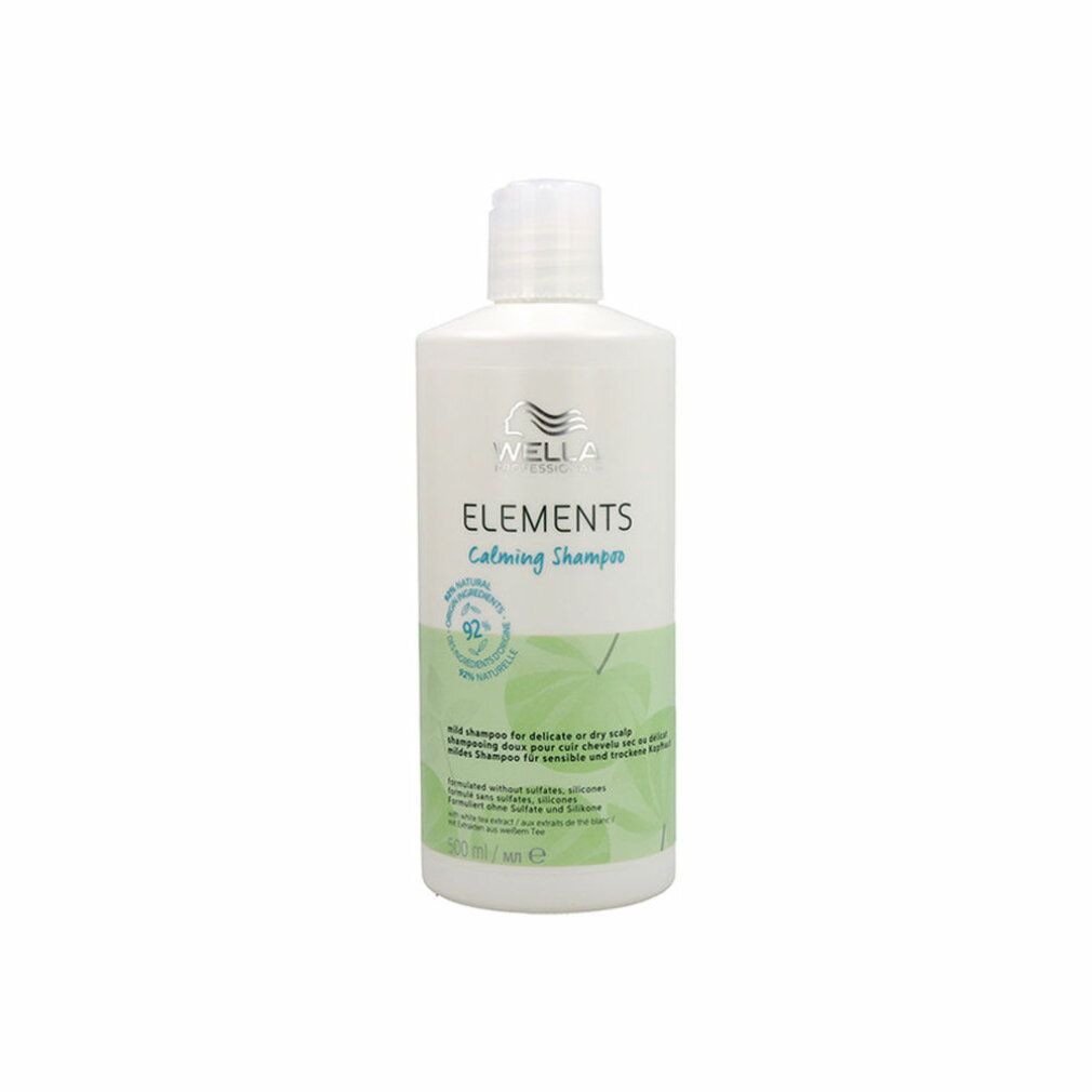 Fles Wella Elements Kalmerende Shampoo met bladerpatroon.