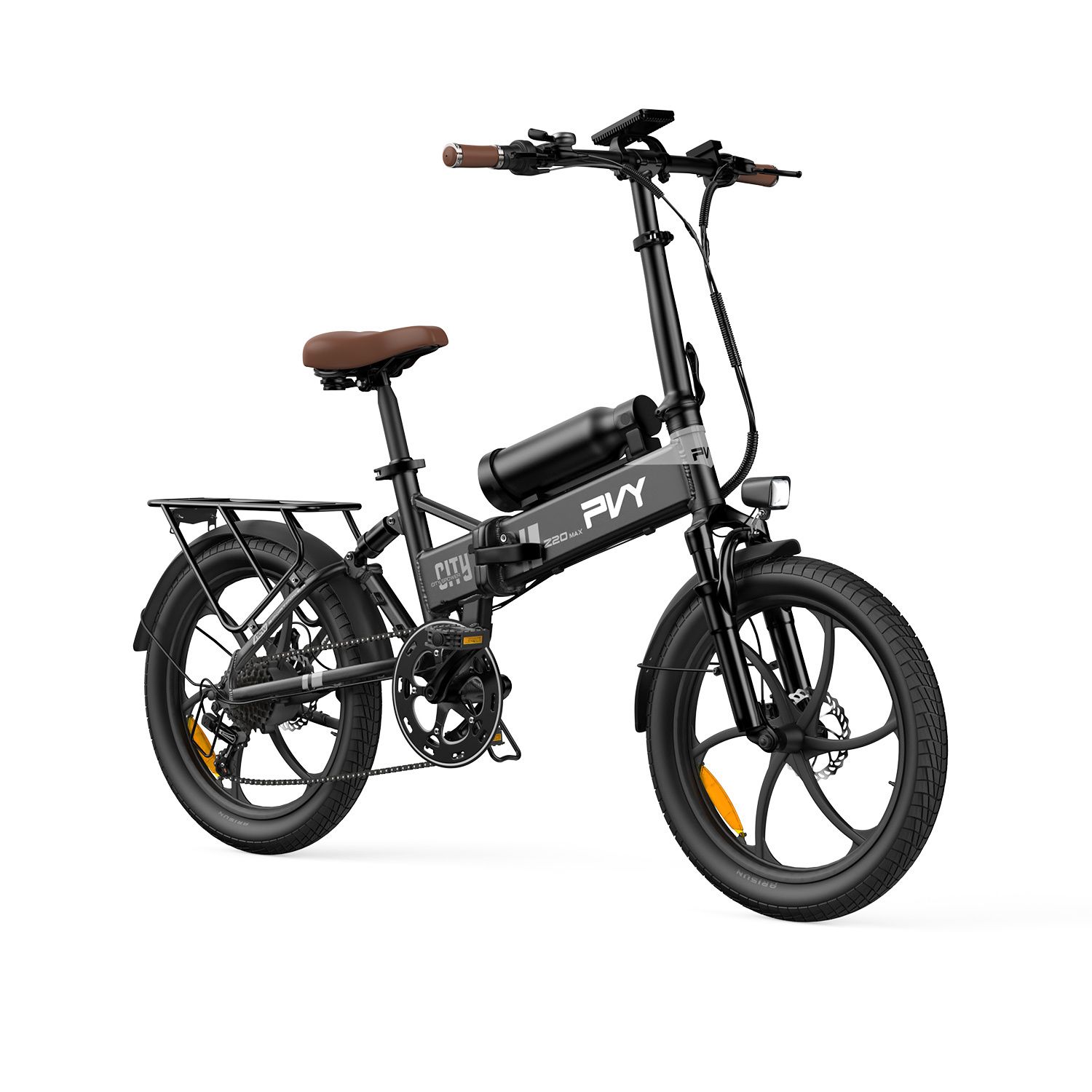 Vélo électrique noir avec selle marron et batterie. Inscription PVY Z20 MAX.