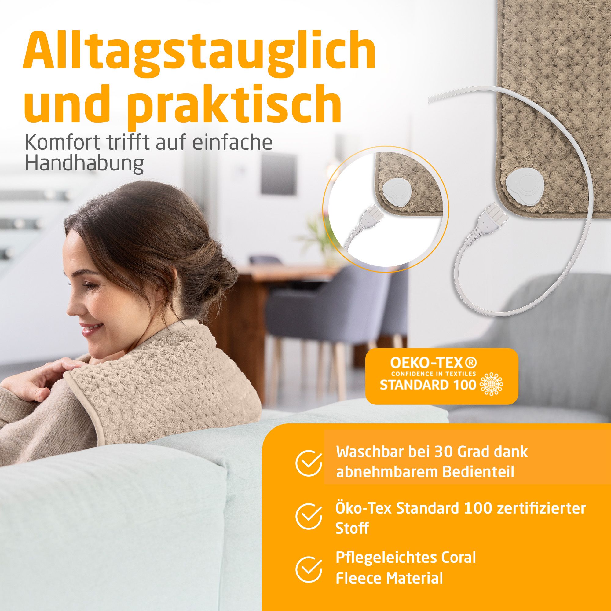 Coussin chauffant avec panneau de commande amovible. Certifié Oeko-Tex Standard 100. Matière polaire corail facile.