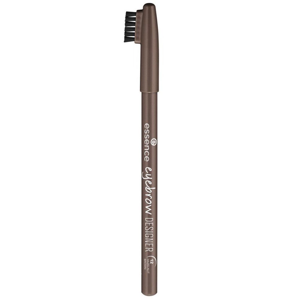 Crayon à sourcils avec brosse. Crayon marron, brosse. Inscription : Essence, Eyebrow Designer.