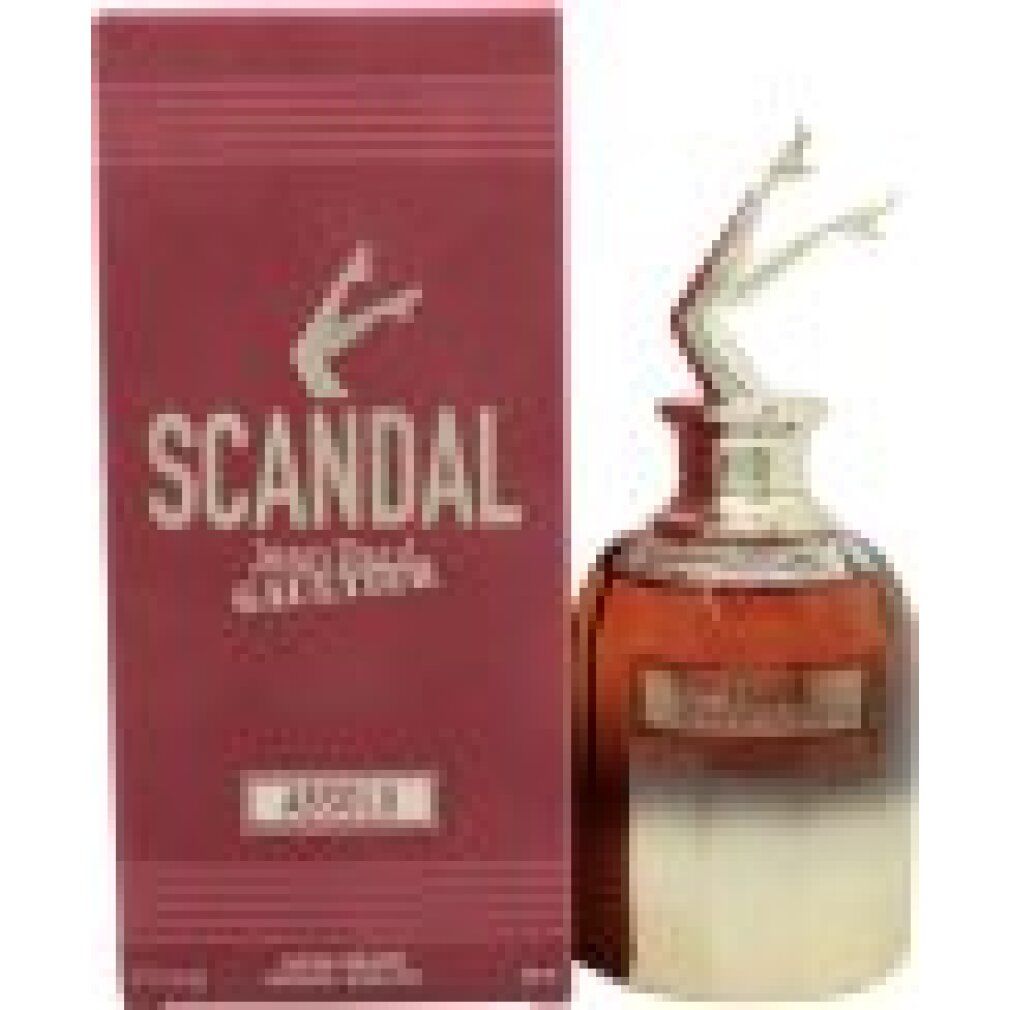 Parfumfles met zilverkleurige benen als dop. Daarnaast een rode doos met gouden opschrift "SCANDAL".