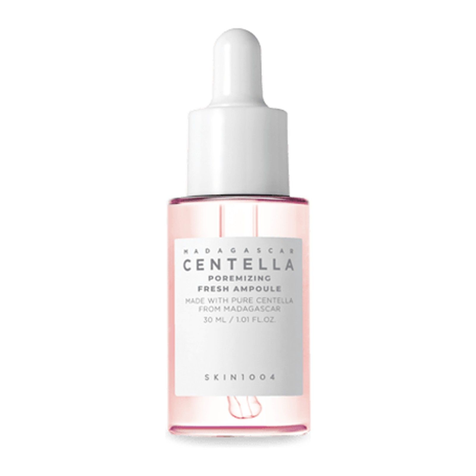 Bouteille en verre avec pipette, remplie de liquide rosé. Étiquette avec 'Centella Poremizing Fresh Ampoule', 30 ml.