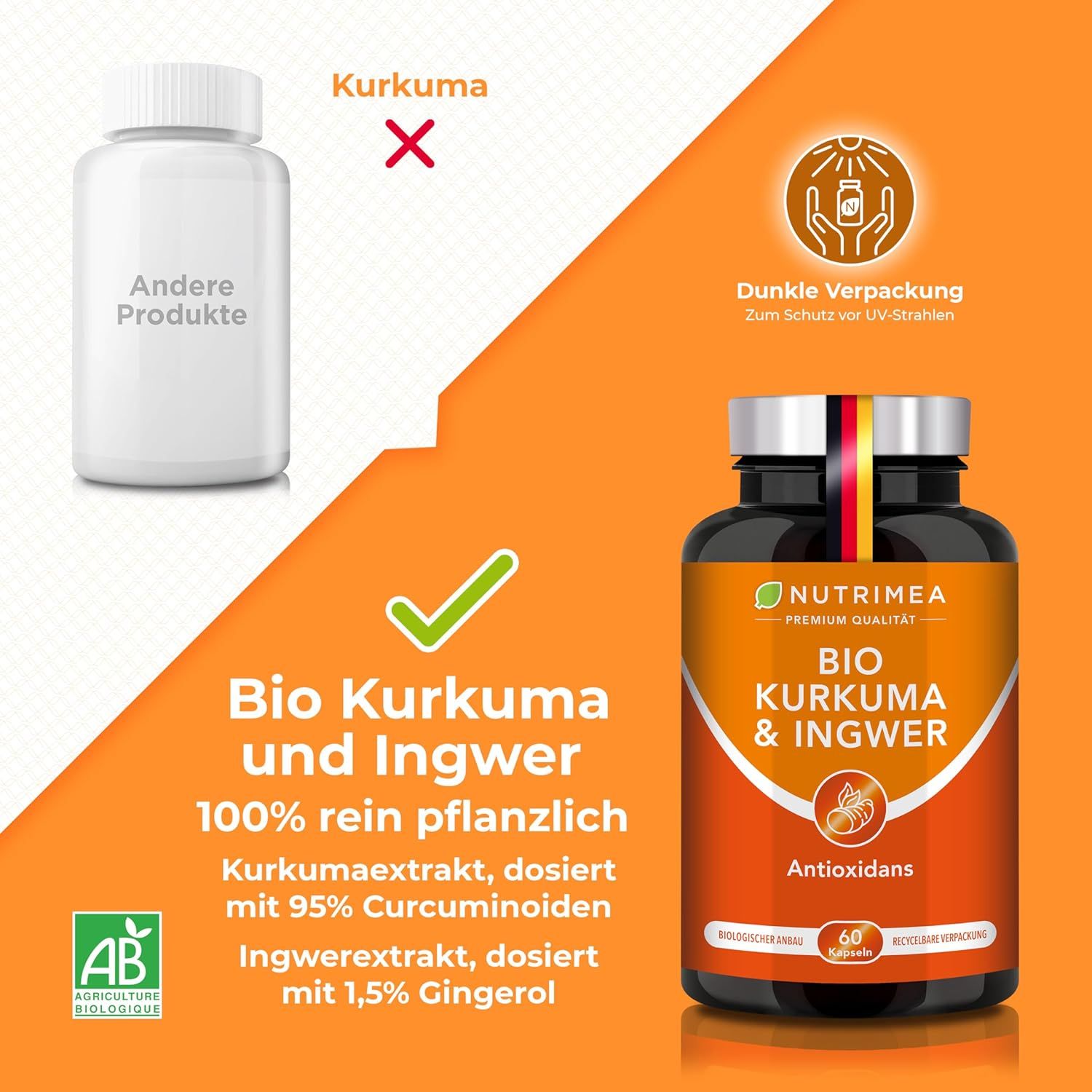 Comparaison entre produit curcuma et BIO KURKUMA & INGWER. Produit BIO avec label AB, 100% végétal, 95% curcuminoïdes, 1,5% gingérol.