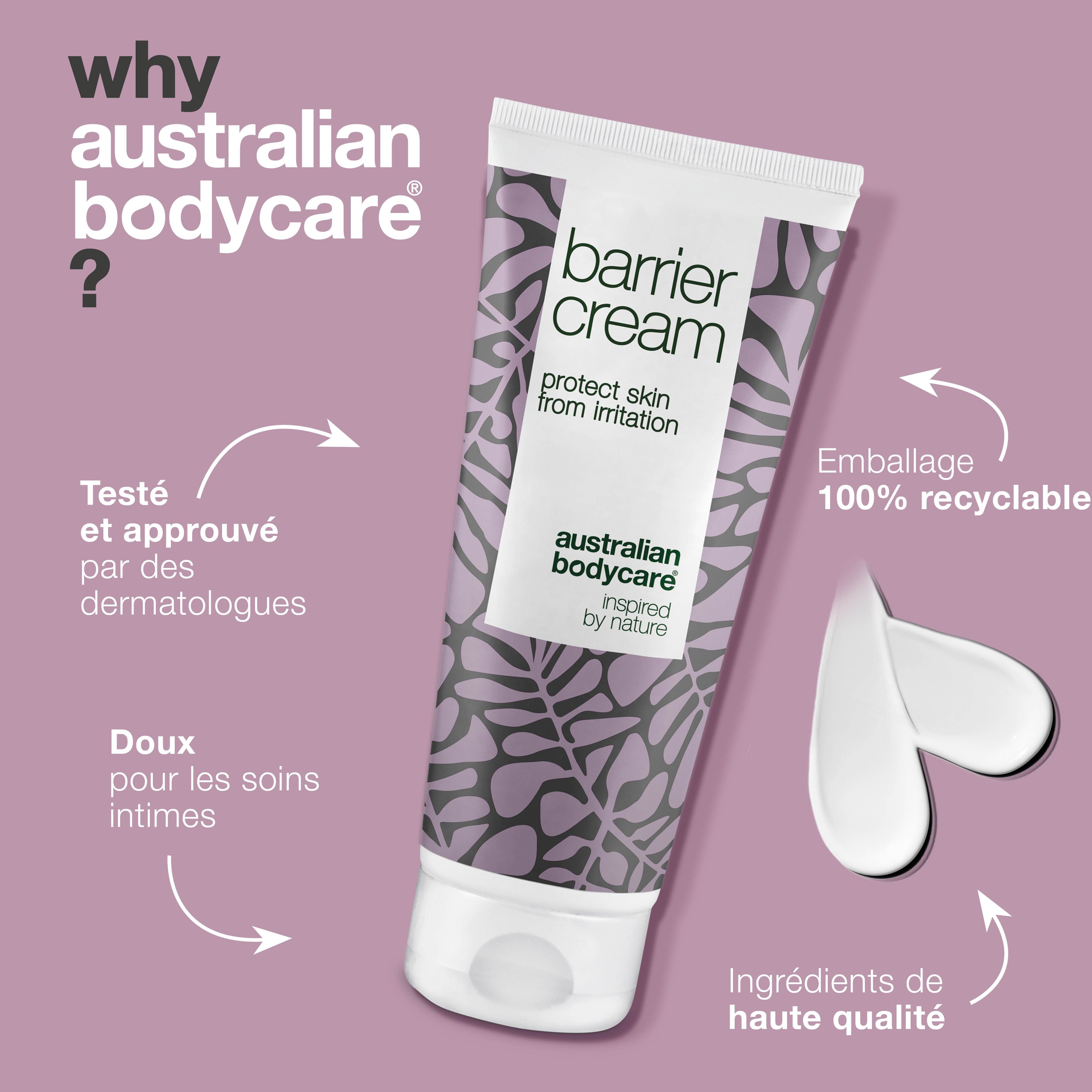 Graphique : pourquoi Australian Bodycare ? Tube de crème barrière. Inscription : protect skin from irritation. Marque : Australian Bodycare.