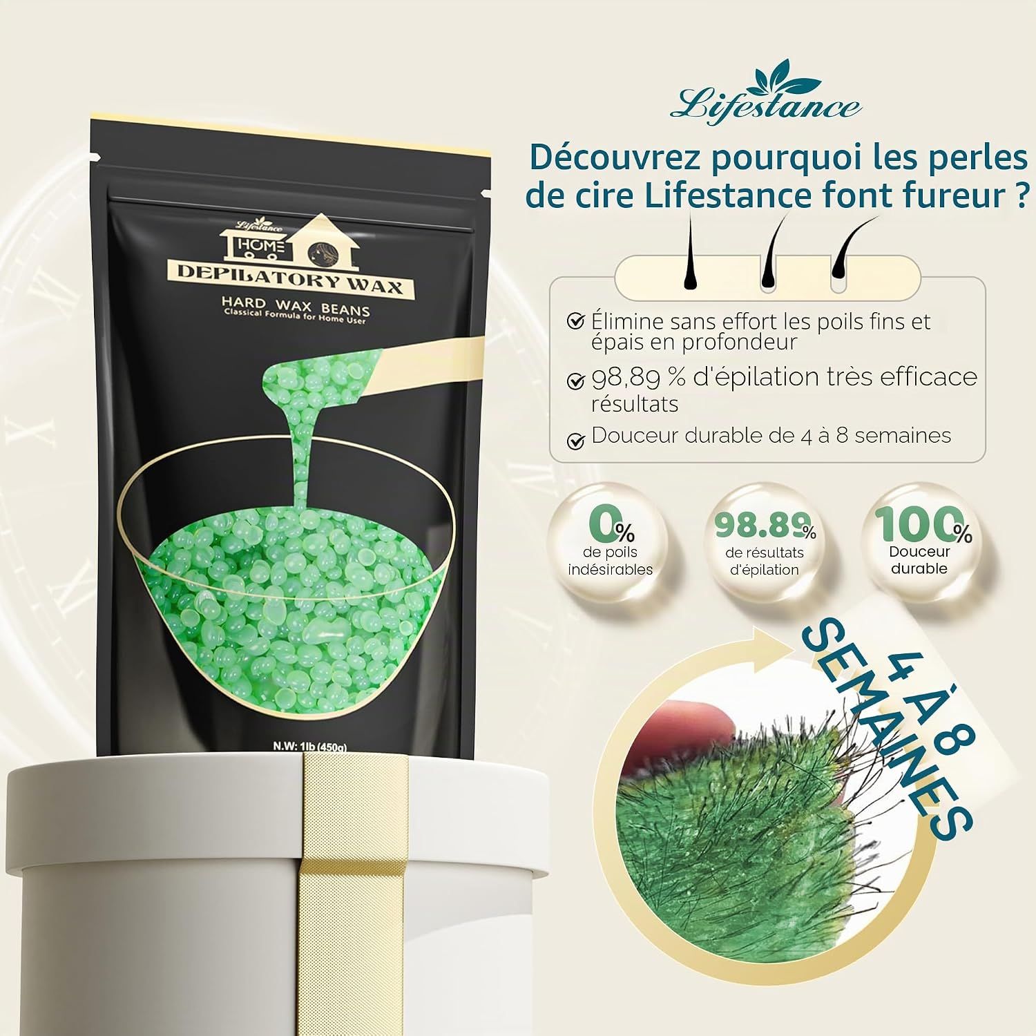 Sachet de perles de cire verte pour l'épilation, avec spatule en bois.