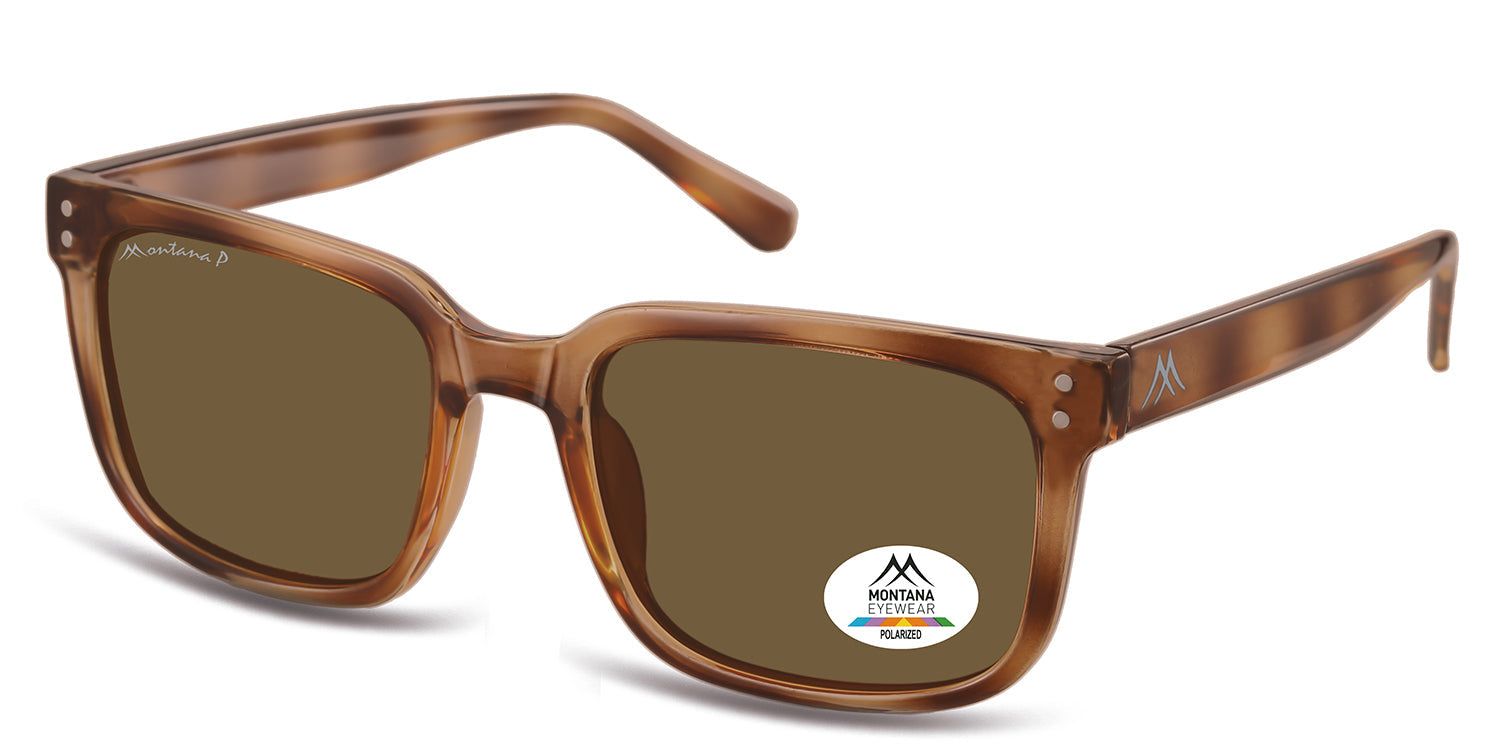 Lunettes de soleil Montana Eyewear Paternoster. Monture marron rectangulaire. Verres marron. Logo et autocollant de polarisation sur le verre.